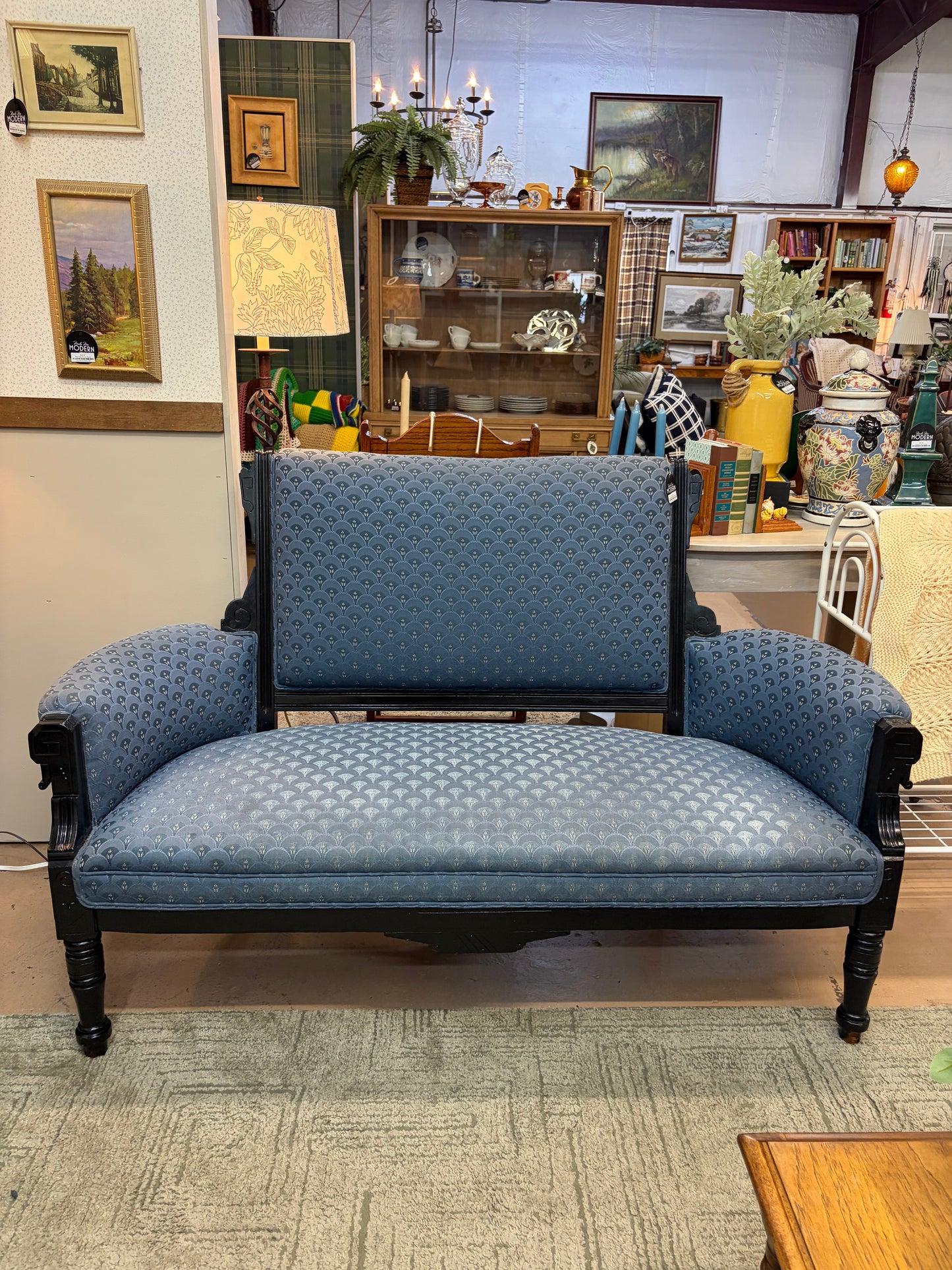 Antique Blue Eastlake Settee Loveseat