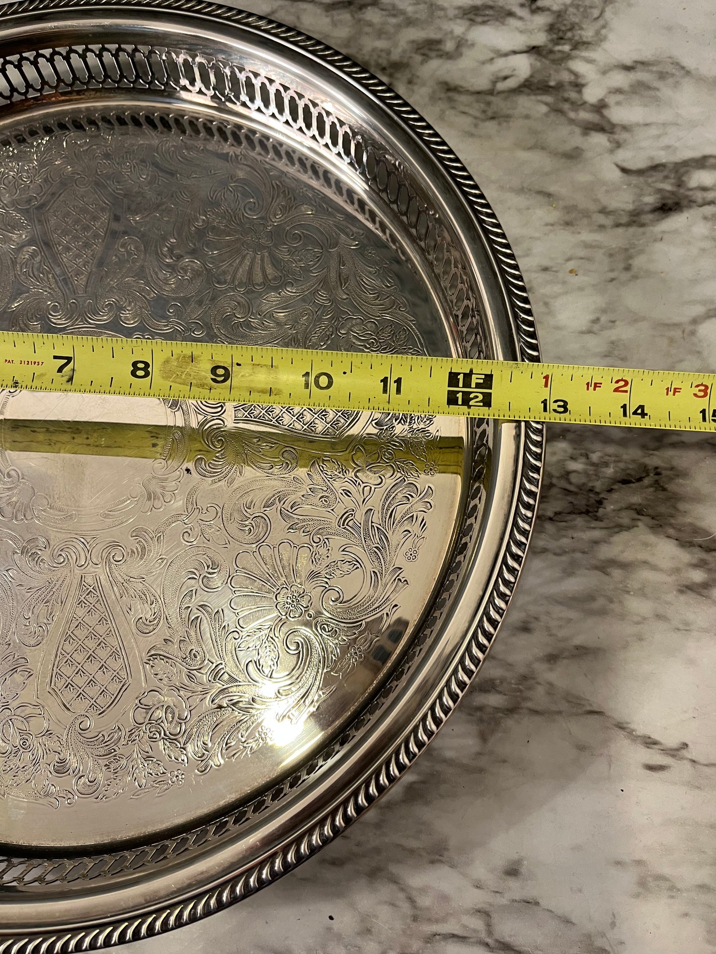Round Etched Serving Tray with Cutout Rim and feet