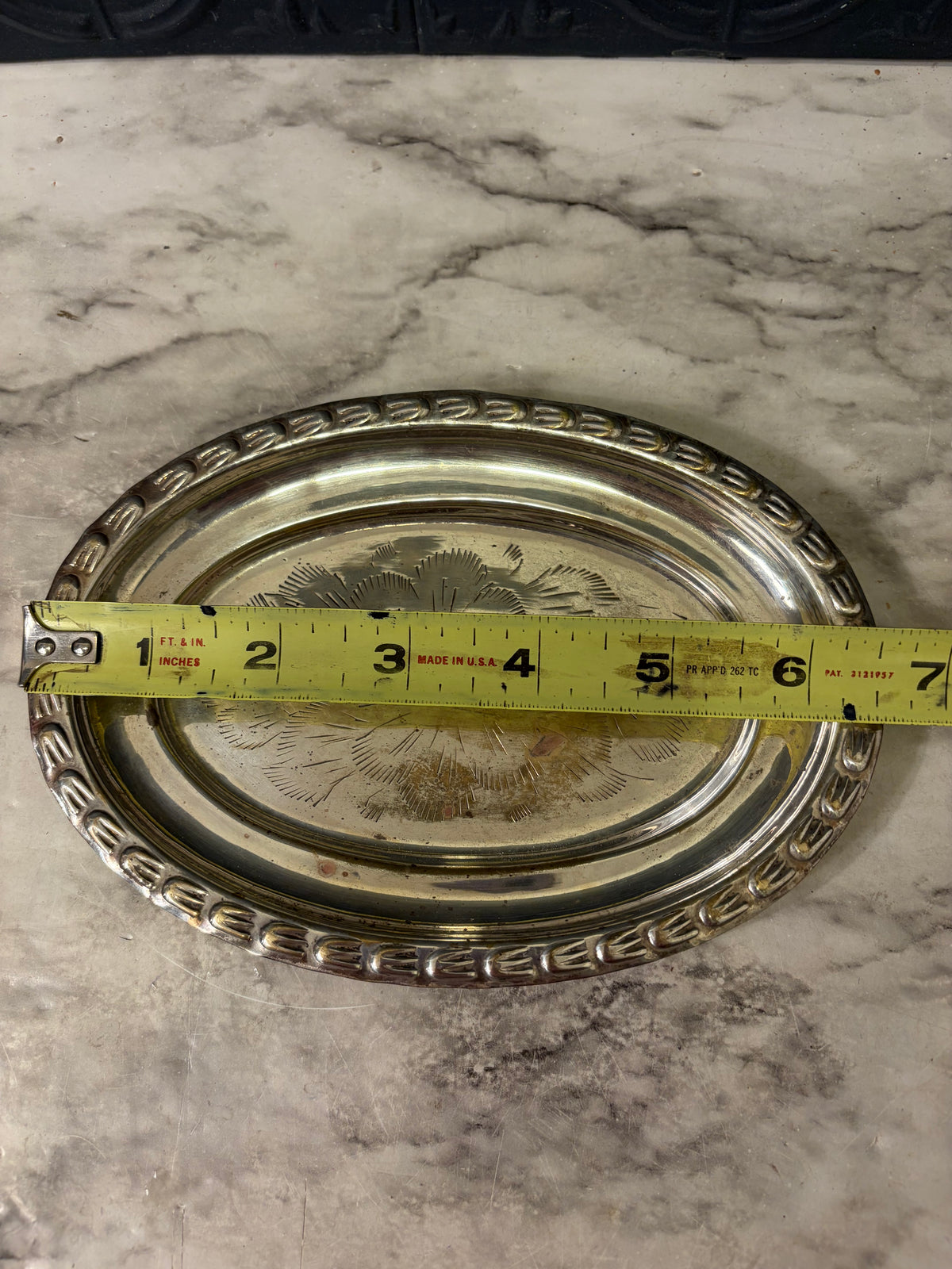 6.5" Silver Plate Etched Oval Tray AS IS