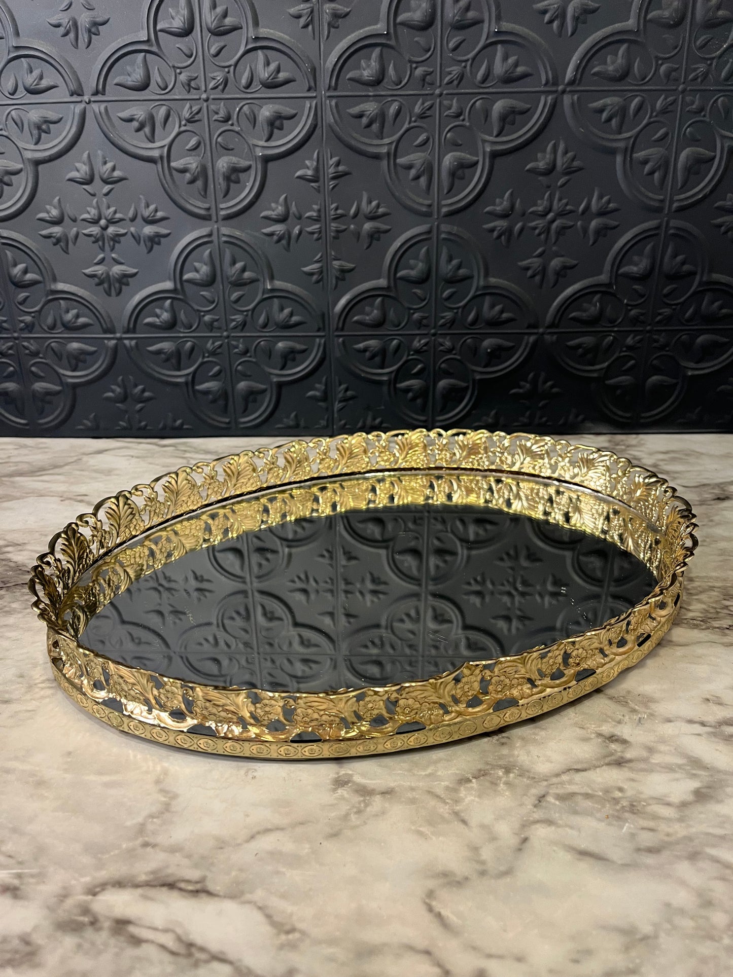 Oval Brass Filigree Mirror Tray 13"