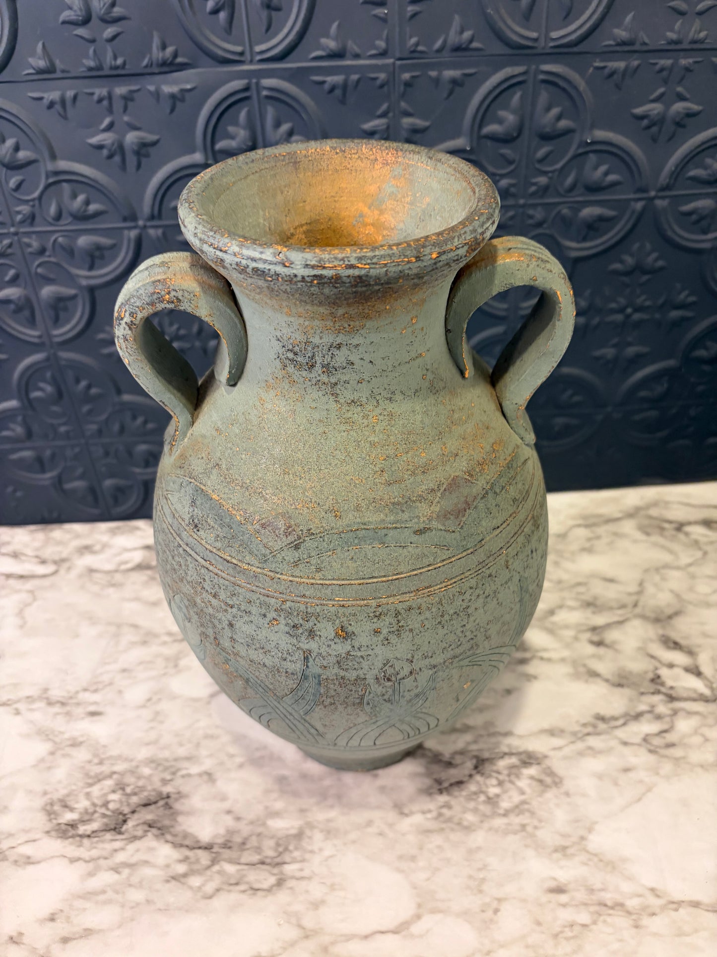 Blue Tone Terracotta Double Handle Jug with Etching
