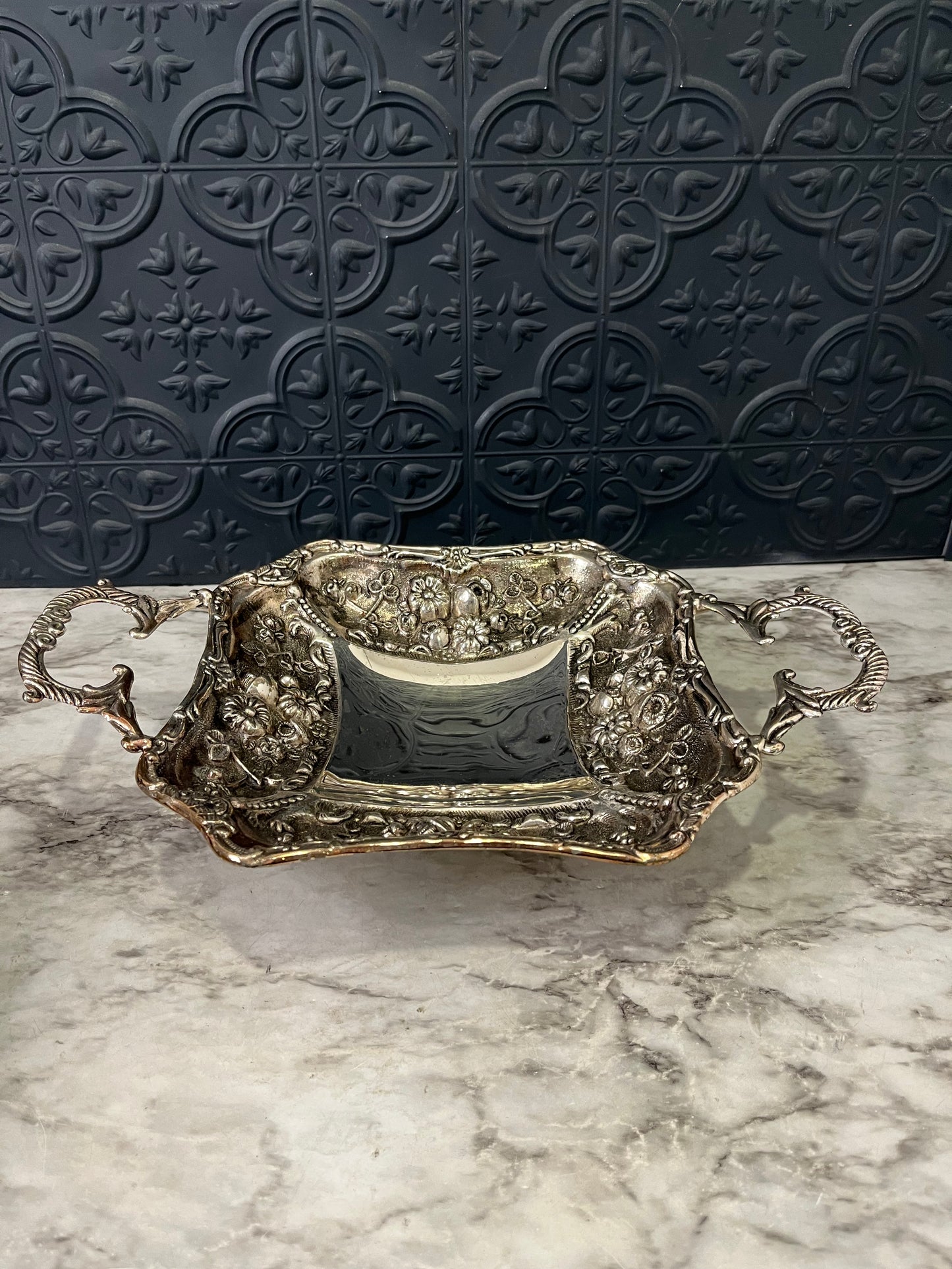Silver plated serving dish with Handles and floral motif