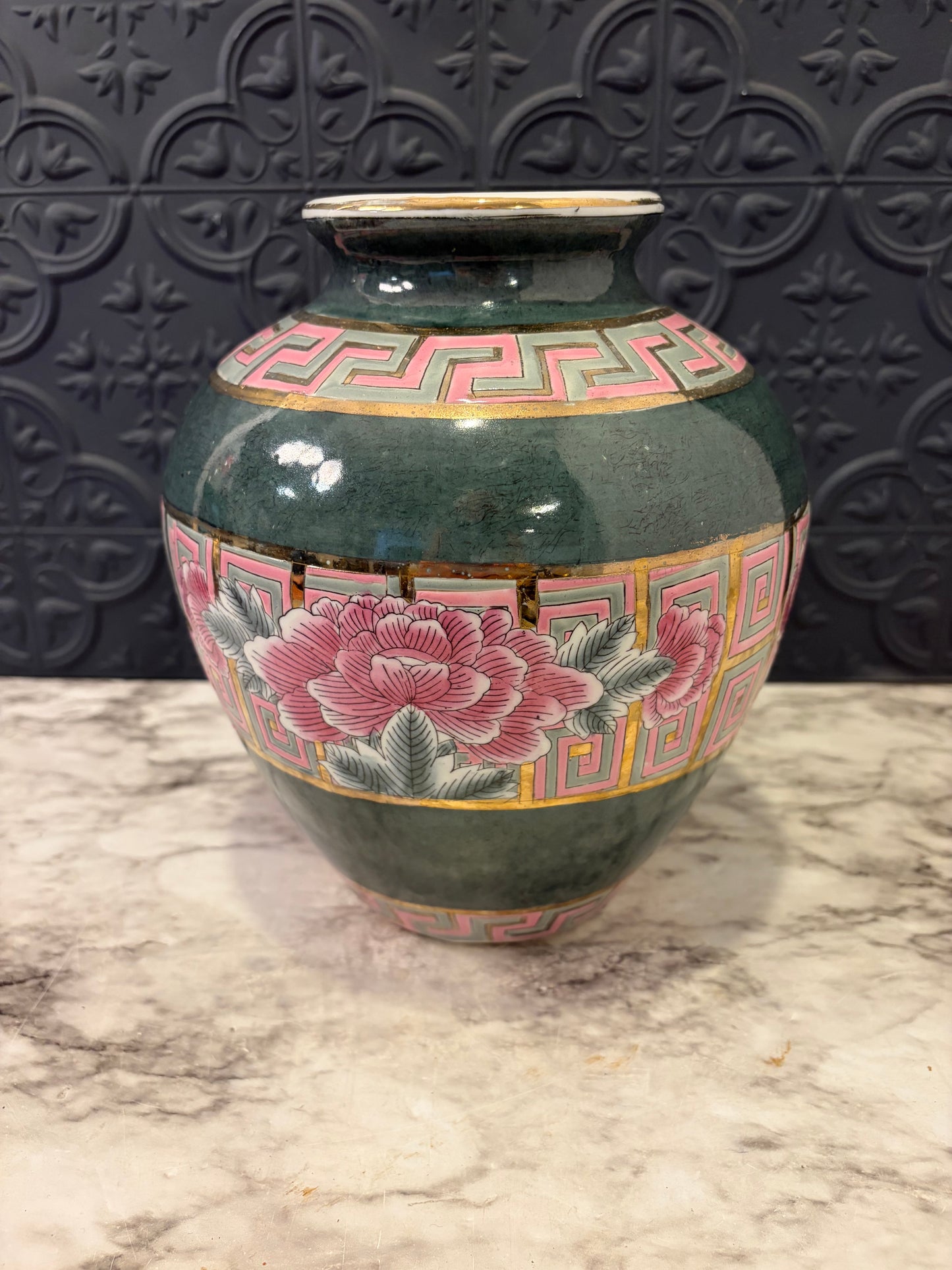 Chinoiserie Green and Pink Vase