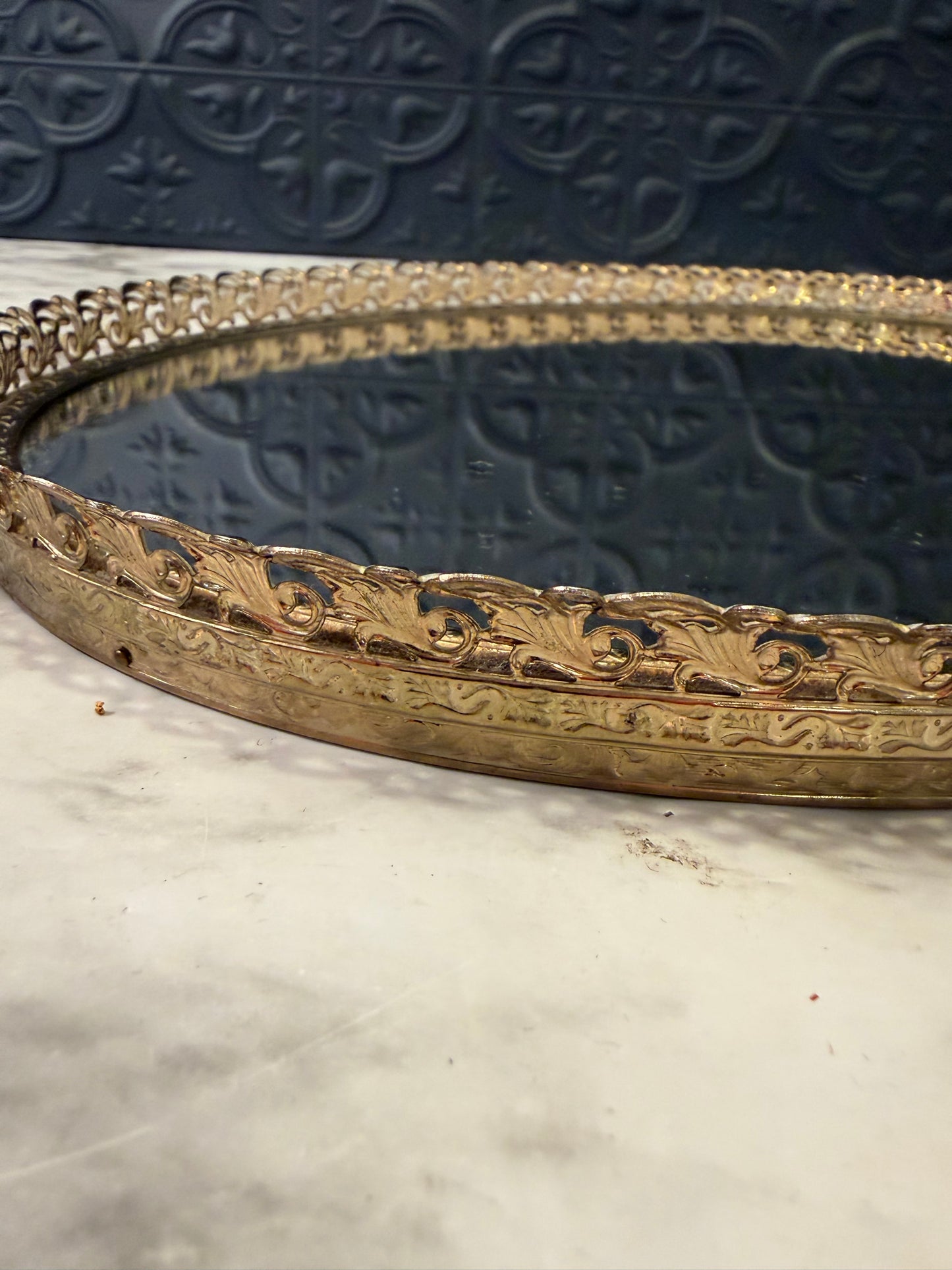 Oval Filligree Mirror Tray with Copper Backed Glass