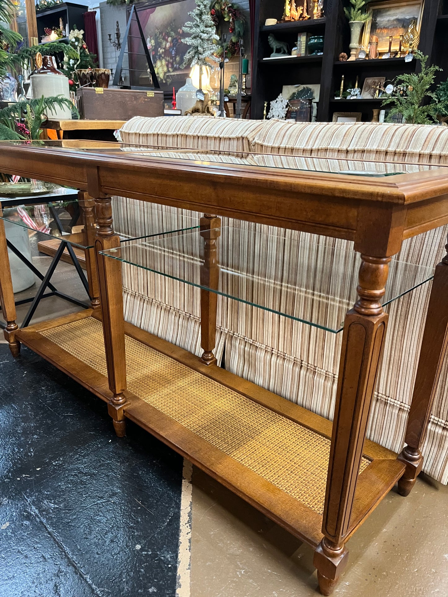 Vintage Wood and Glass Sofa Table with Faux Cane Shelf