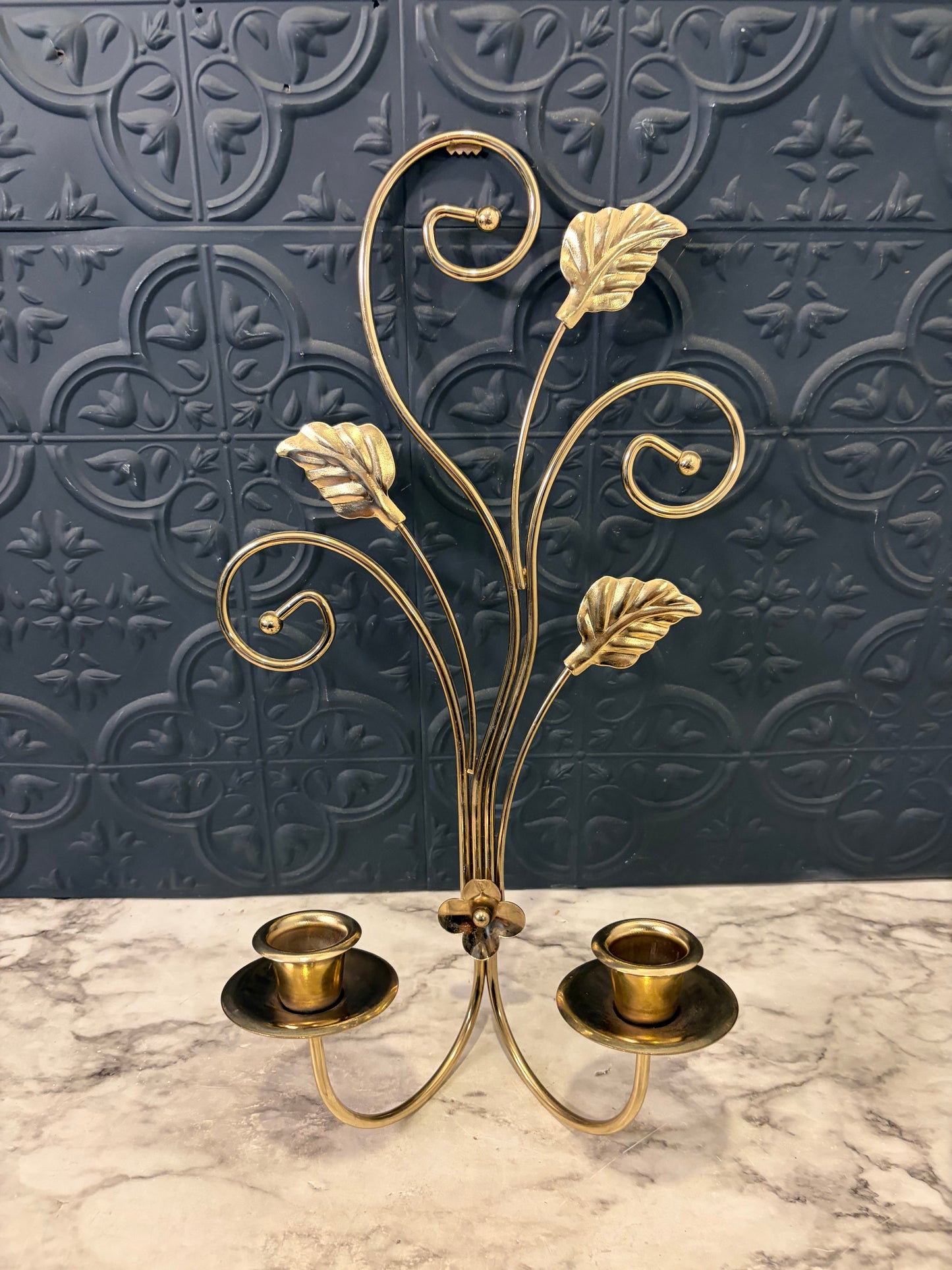 Squiggle Brass Wire Double Candle Sconce with Leaves