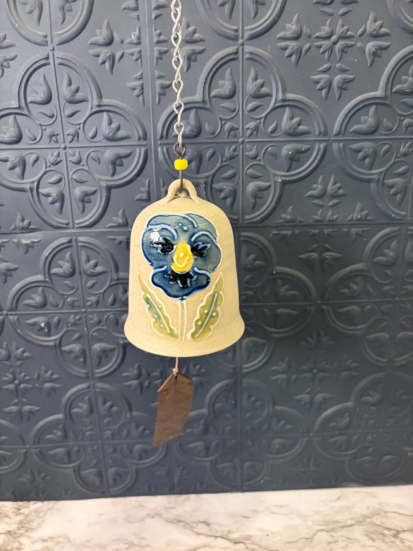 Cream Pottery Windchime with blue Flowers