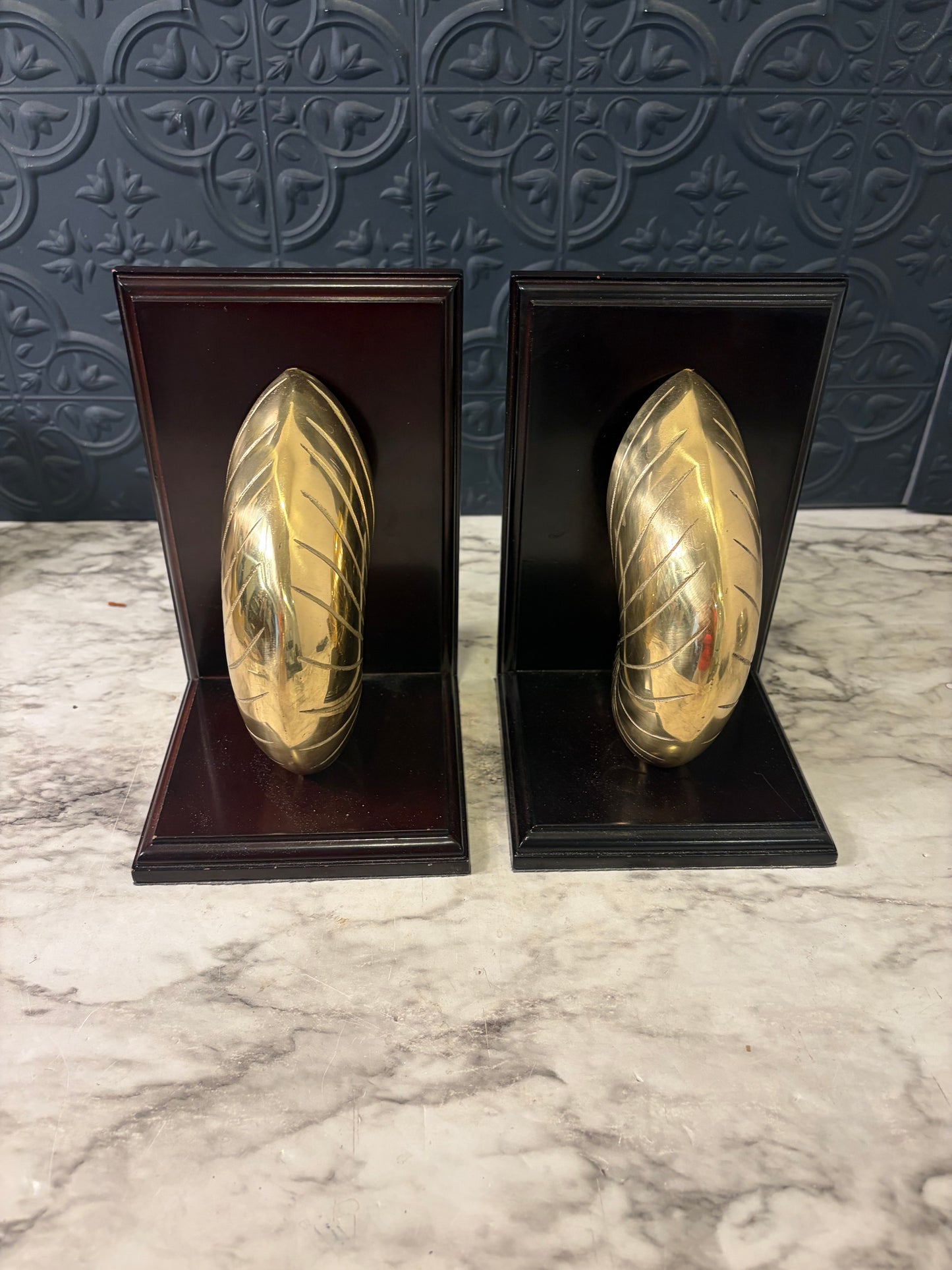Brass and Wood Nautilus Shell Bookends
