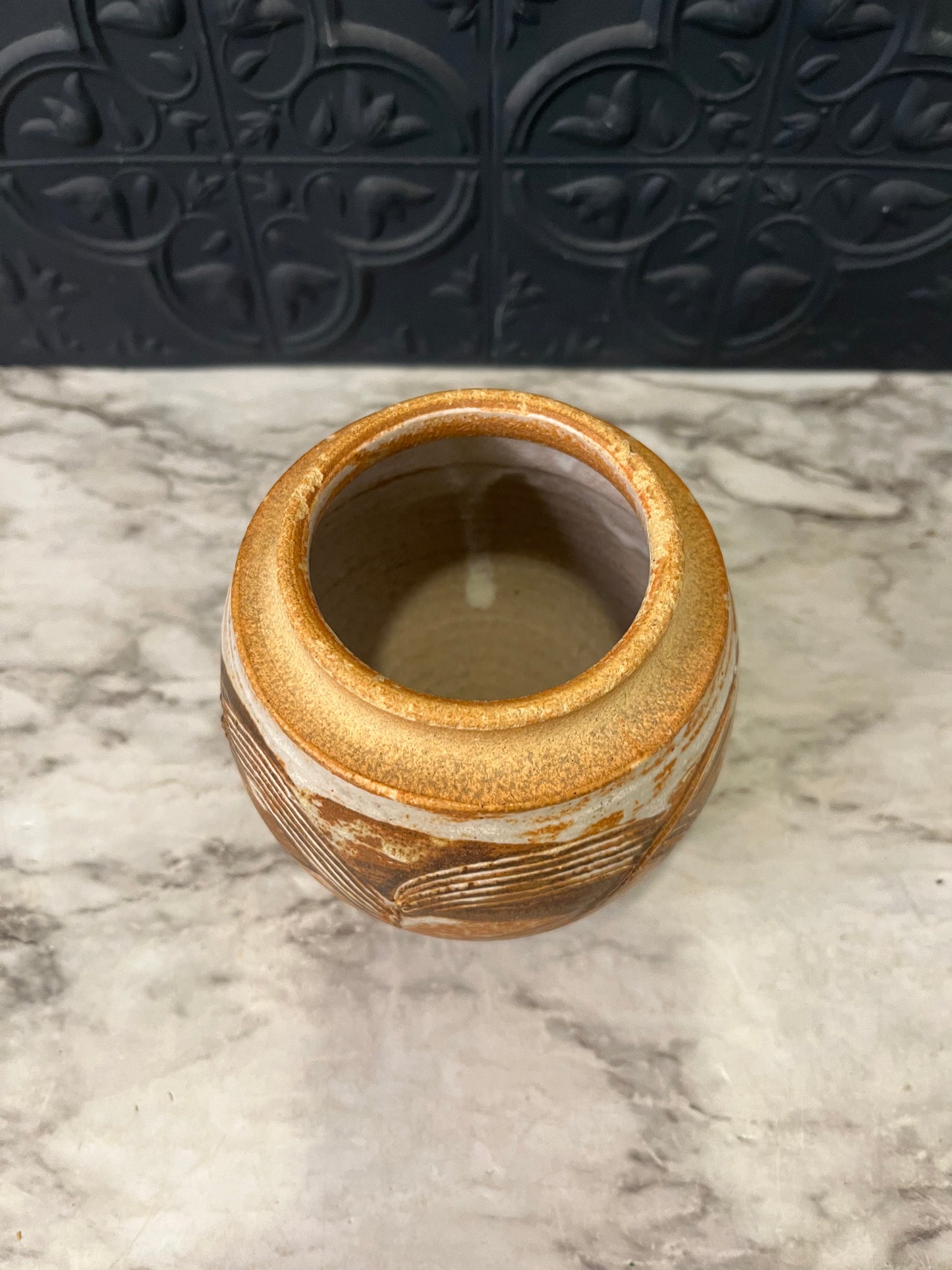 Small Pottery Pot with Stripe Design