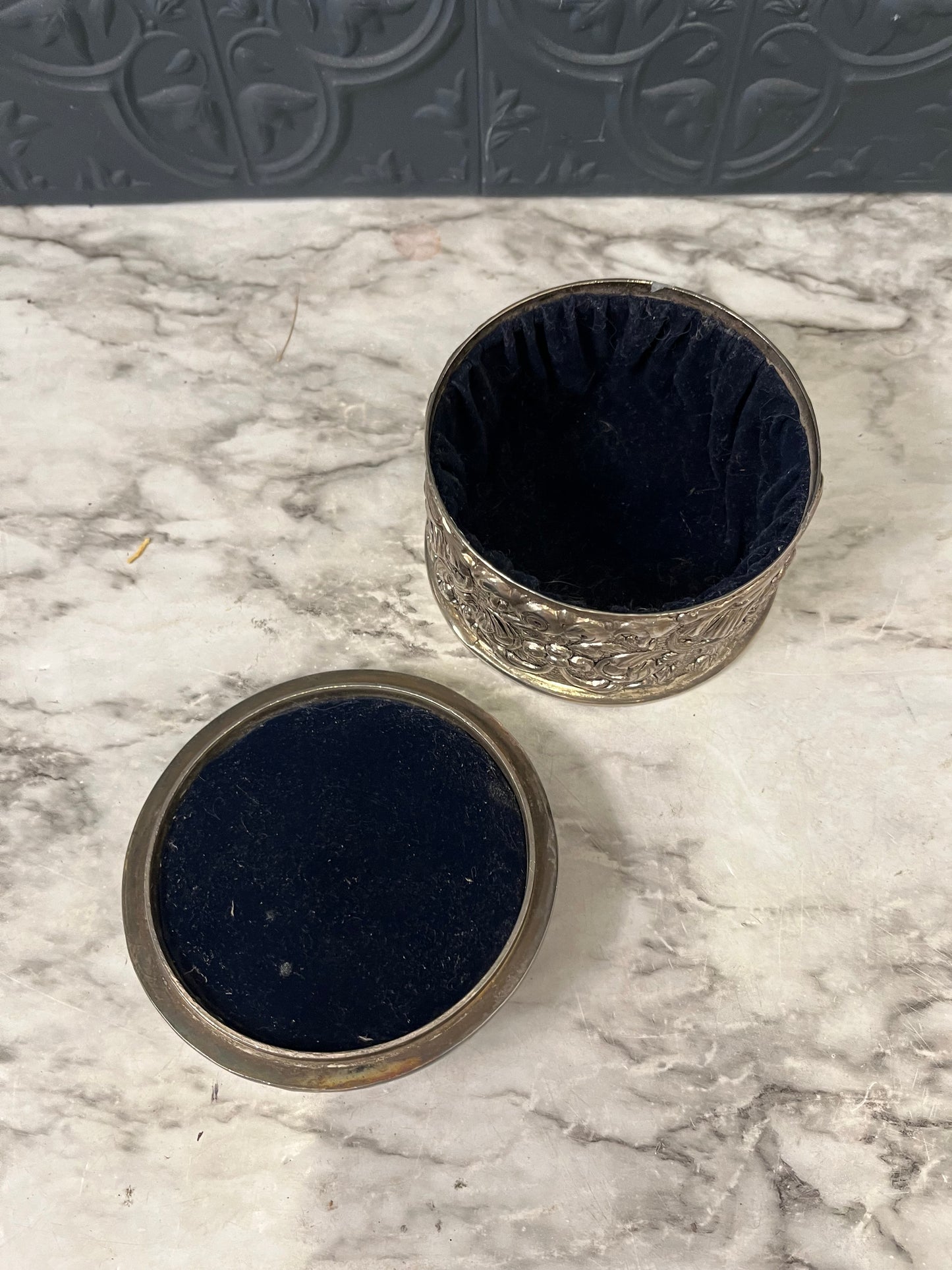 Ornate Round Trinket box with Blue Velvet interior