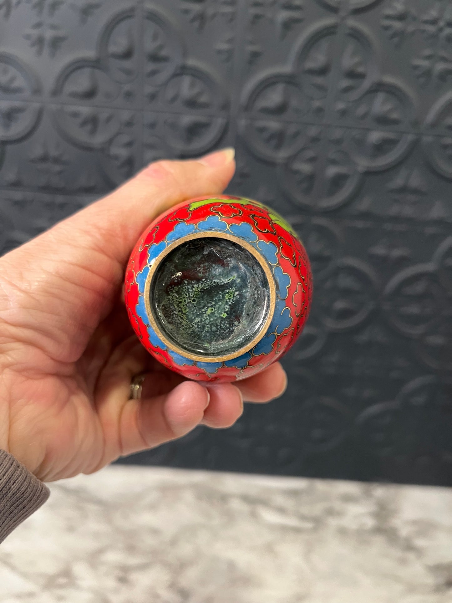 Mini Brass and Red Cloisonne Vase with Yellow Flowers