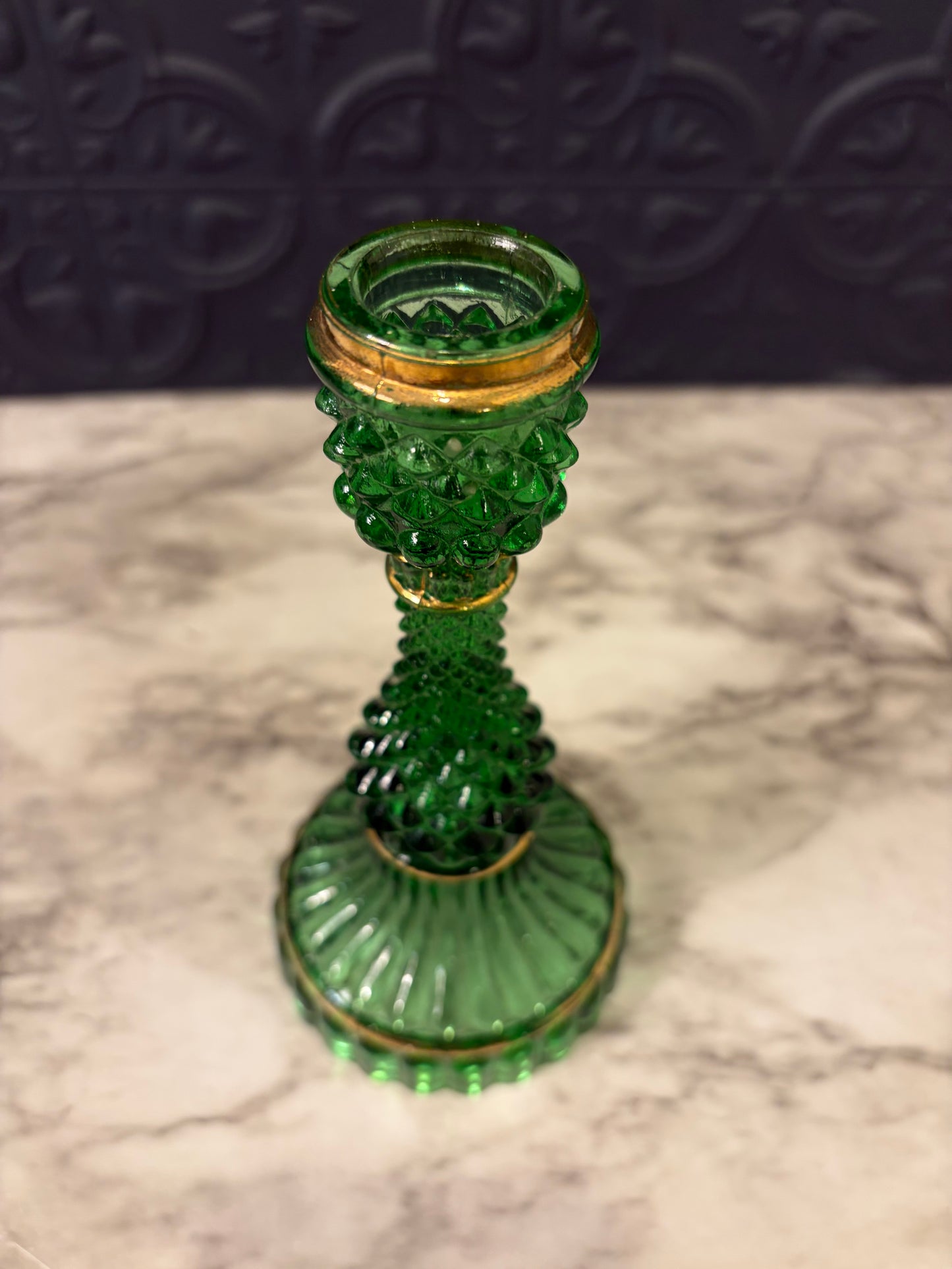 Green Glass Diamond Candle Holder with Gold Trim
