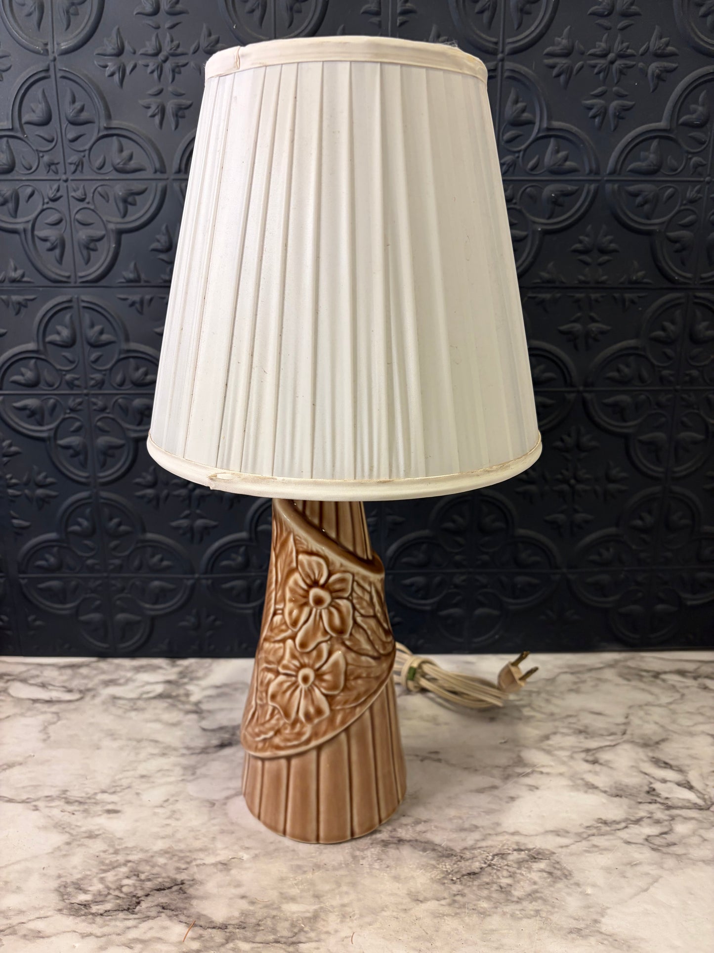 Tan Mid Century Ceramic Lamp with floral Design