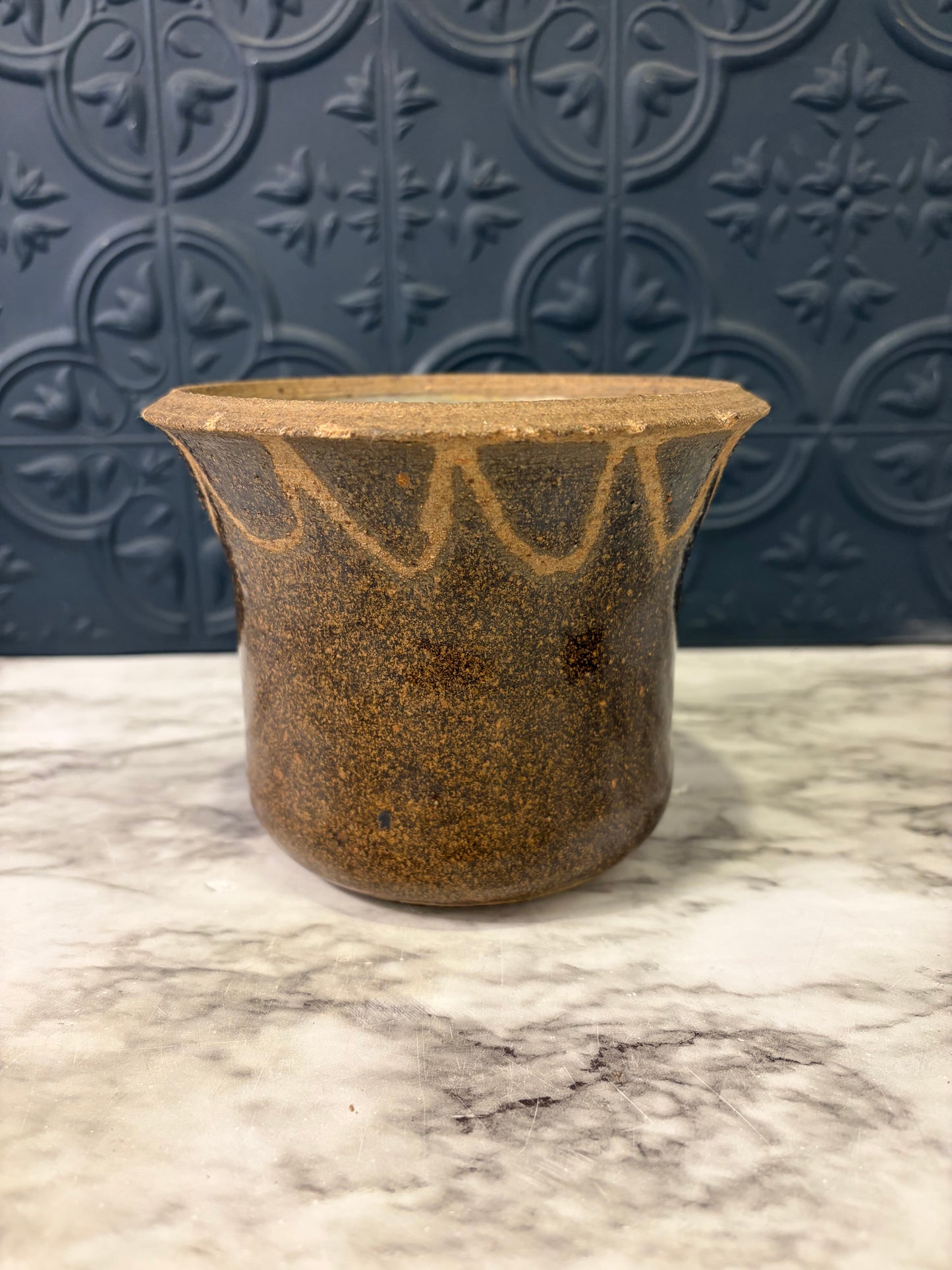 Brown Stoneware Pot with Scallop Design