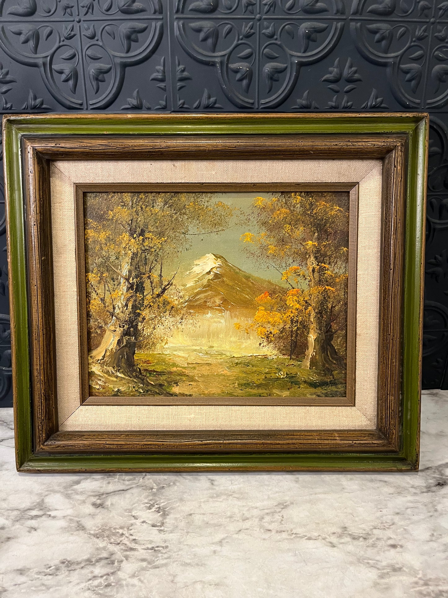 Oil Painting of Mountain and Fall Trees in Green Frame