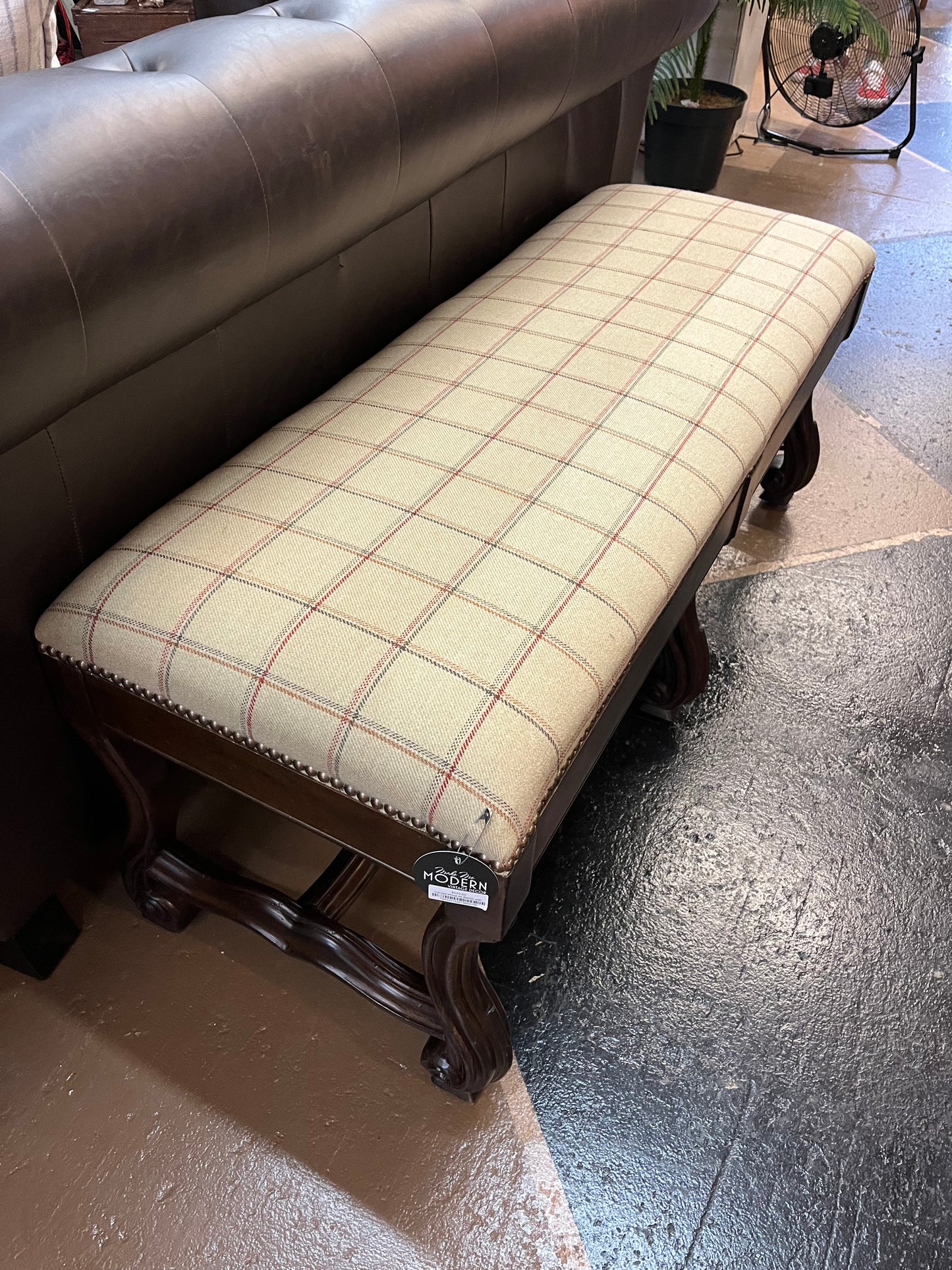 Carved Wood 4ft Bench with Fabric Seat