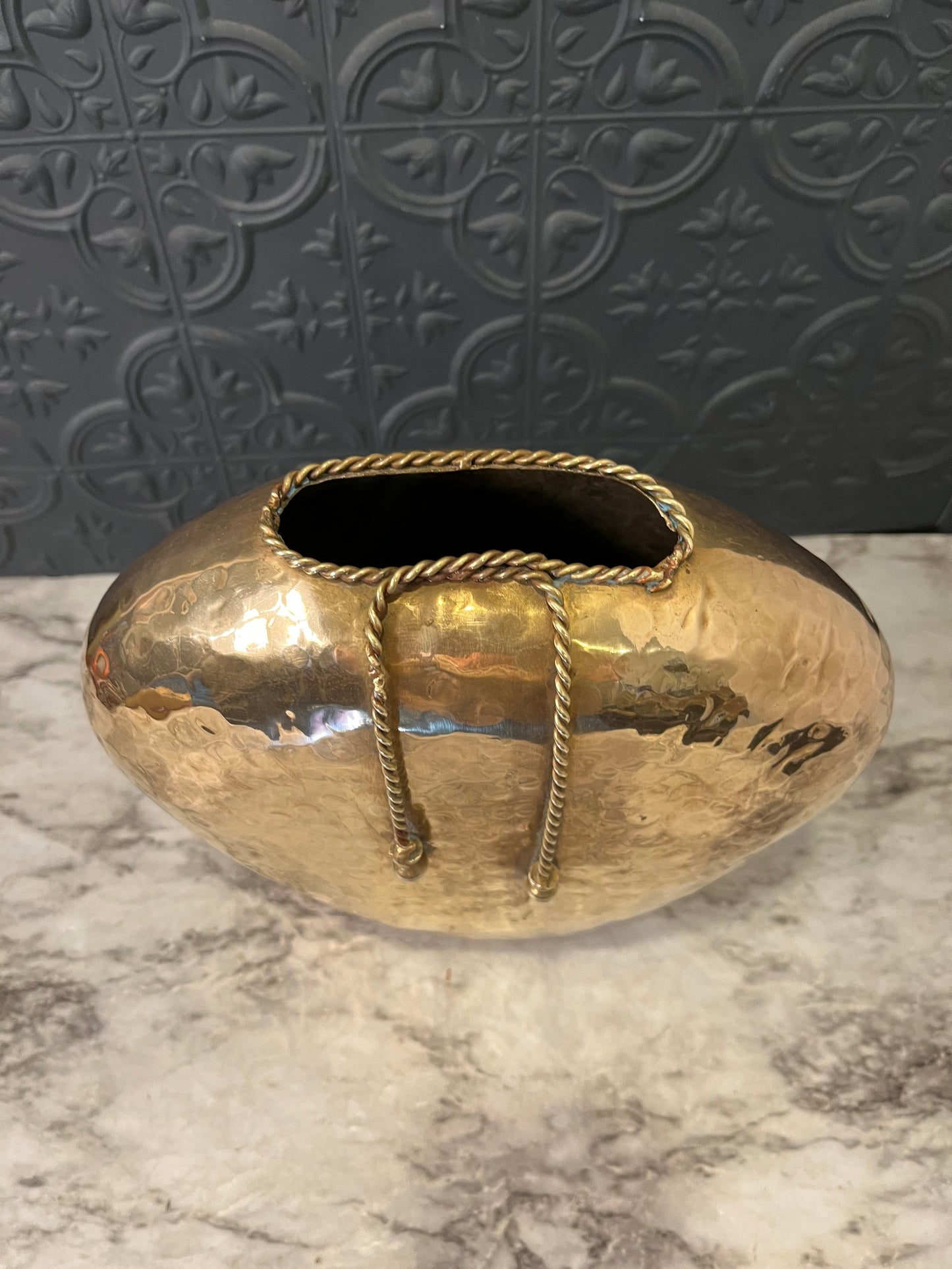 Dimpled Brass Vase Heart Shape with Rope Detail