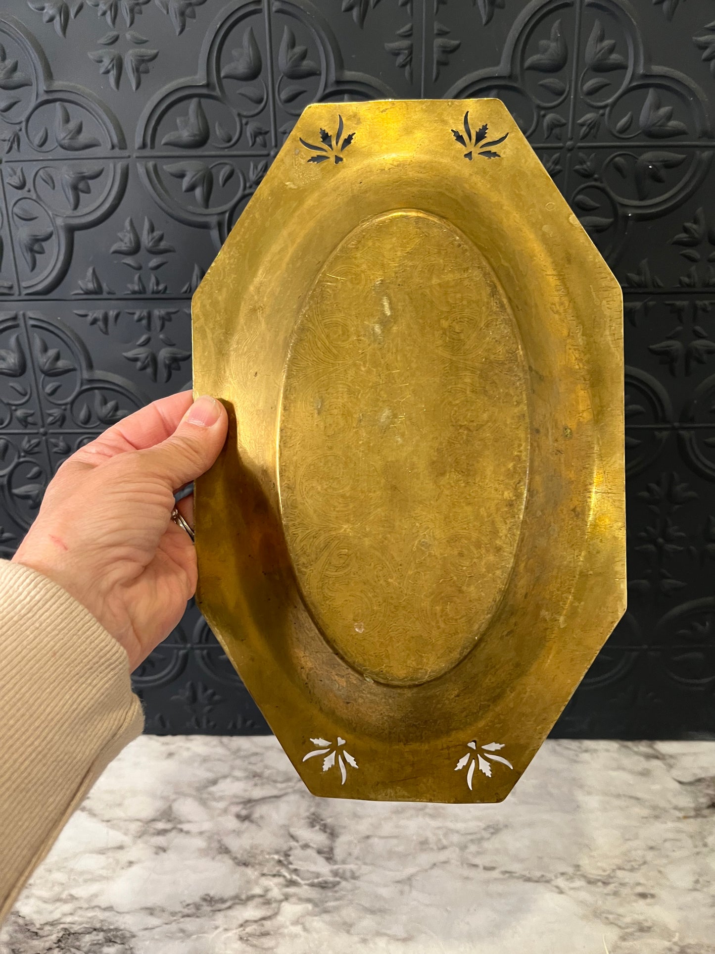 Octagon brass tray with cutout leaves