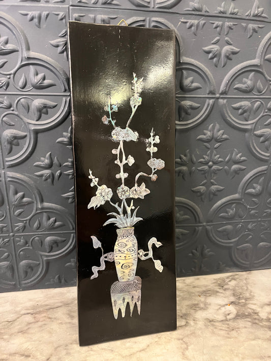 Black Laquer Asian Wall Panel Vase Spike with Mother of Pearl