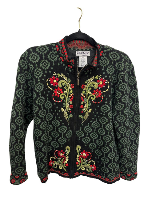 NorthS tyle Womens Wool Blend Floral Embroidered Zip-Up Sweater Cardigan