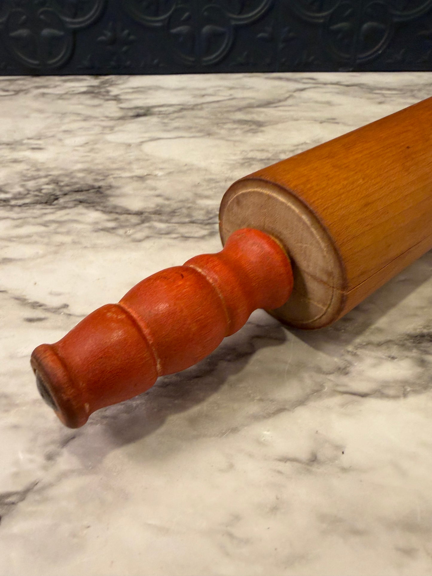 Wooden Rolling Pin with Faded Red Turned Handle