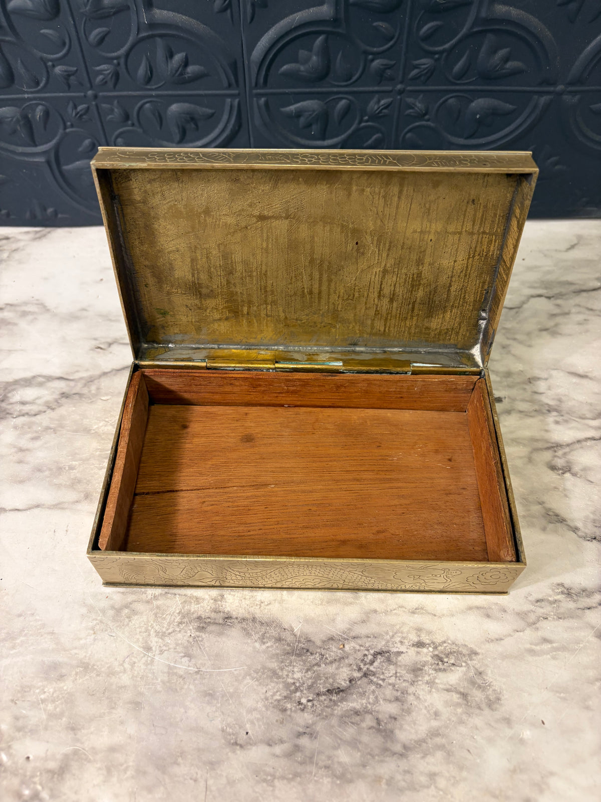 Brass Cigarette Box with Soapstone? Inlay