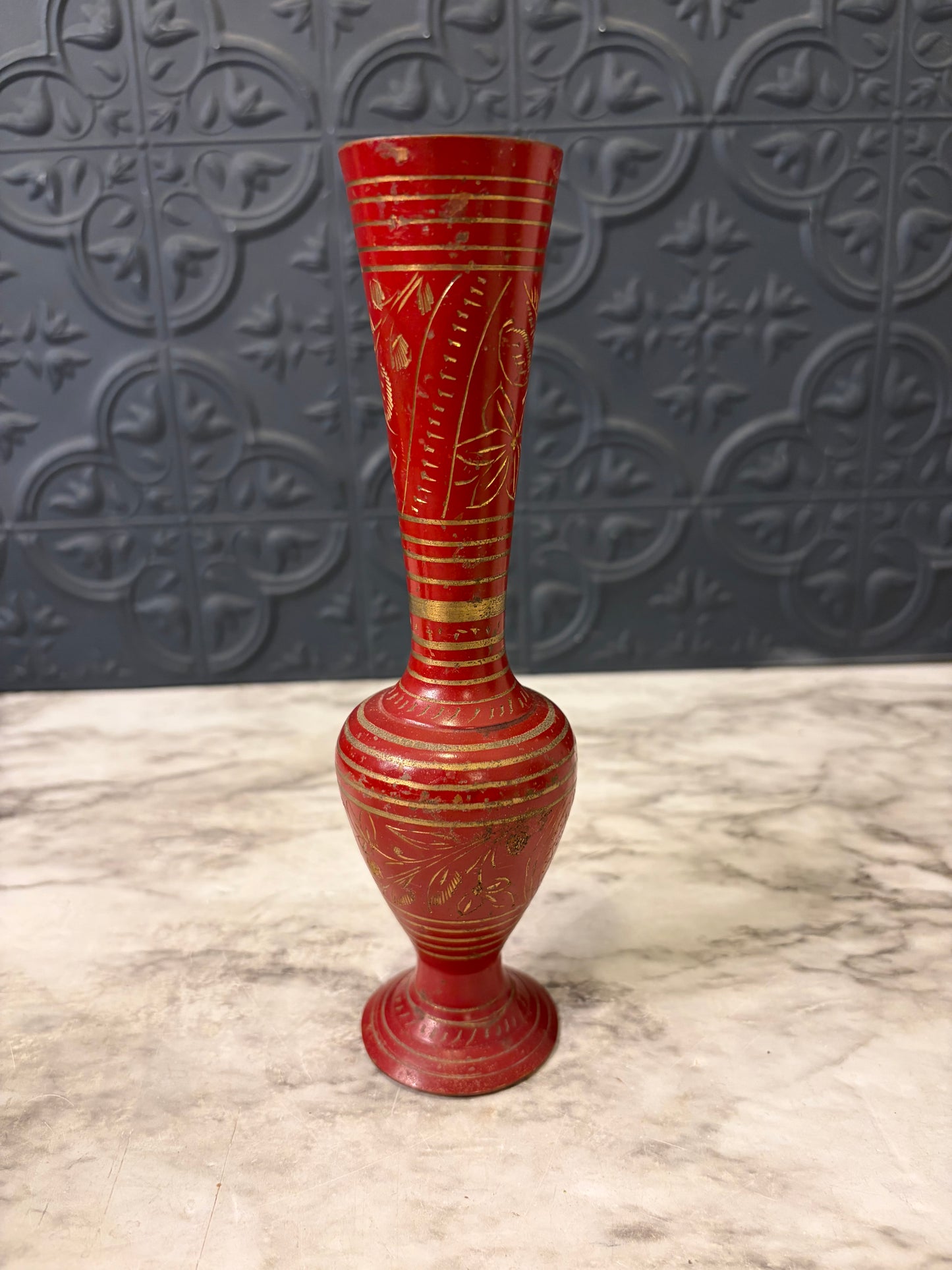 Brass and Red Etched Bud Vase