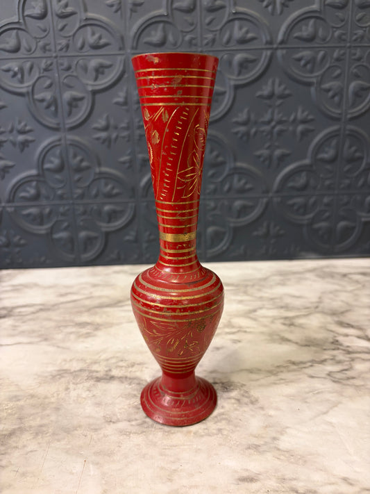 Brass and Red Etched Bud Vase