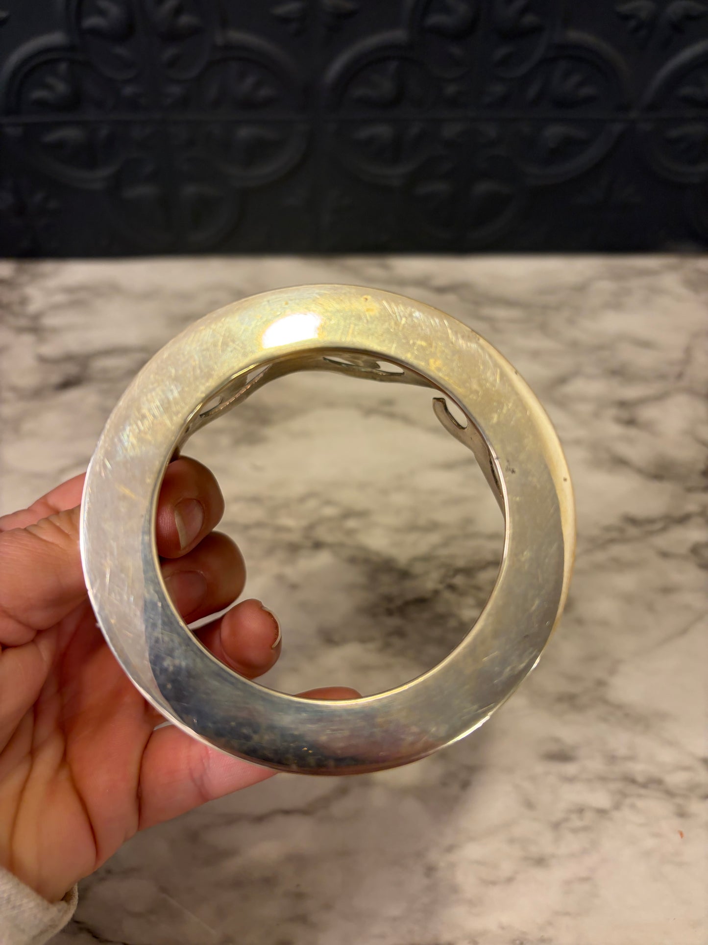 Silver Plate Pillar Candle Holder with Cutout