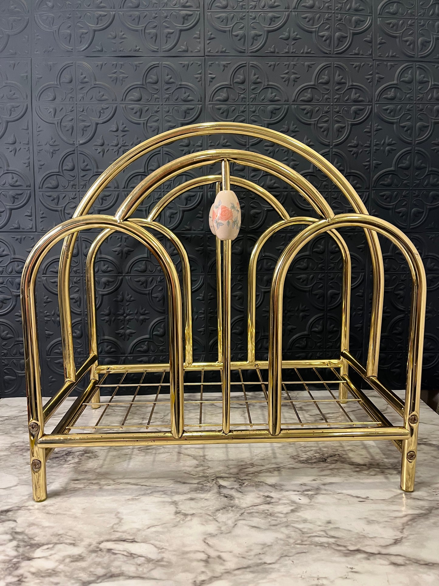 Vintage 1970s Brass and Enamel Magazine Rack