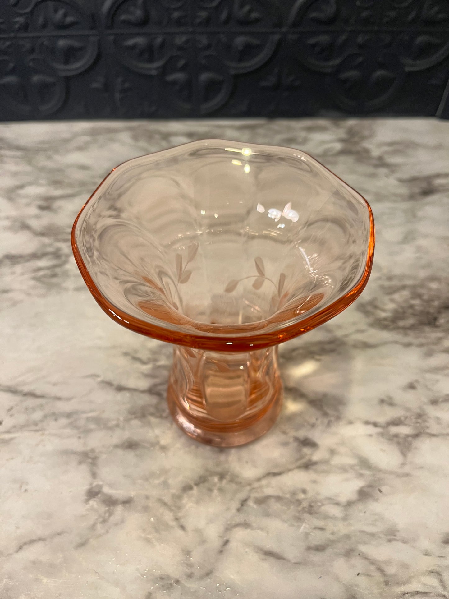 Pink Glass Trumpet Vase with Etching