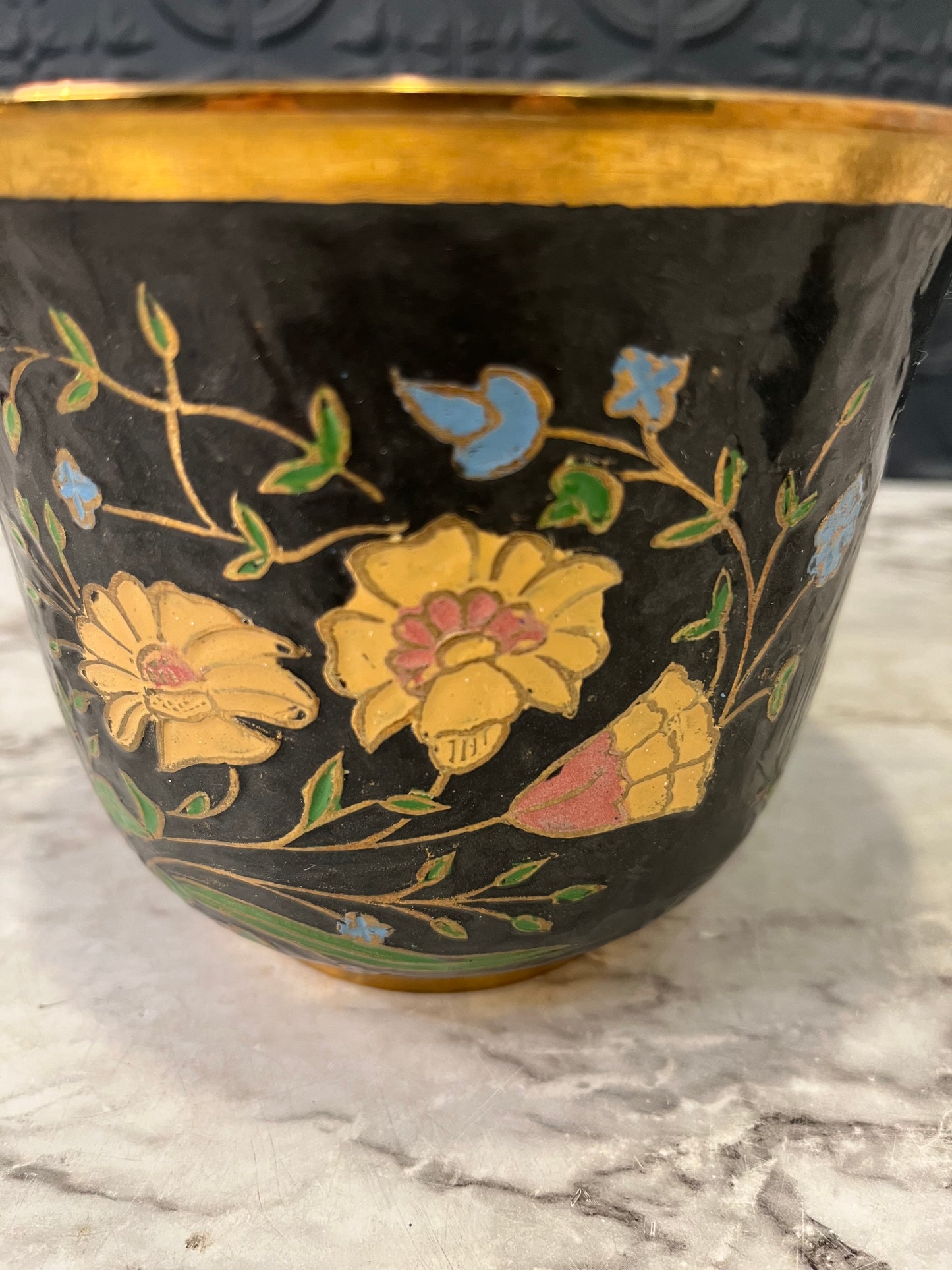 Cloisonne enameled Brass Pot  Navy with flowers