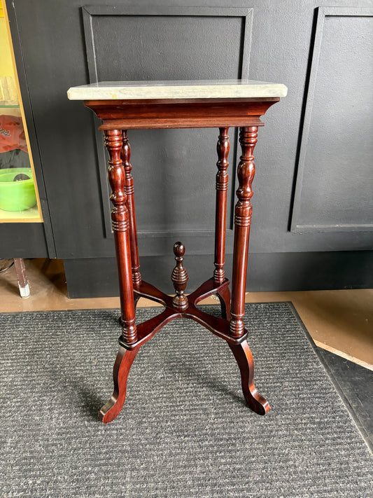 Square Marble Top and Wood Plant Stand