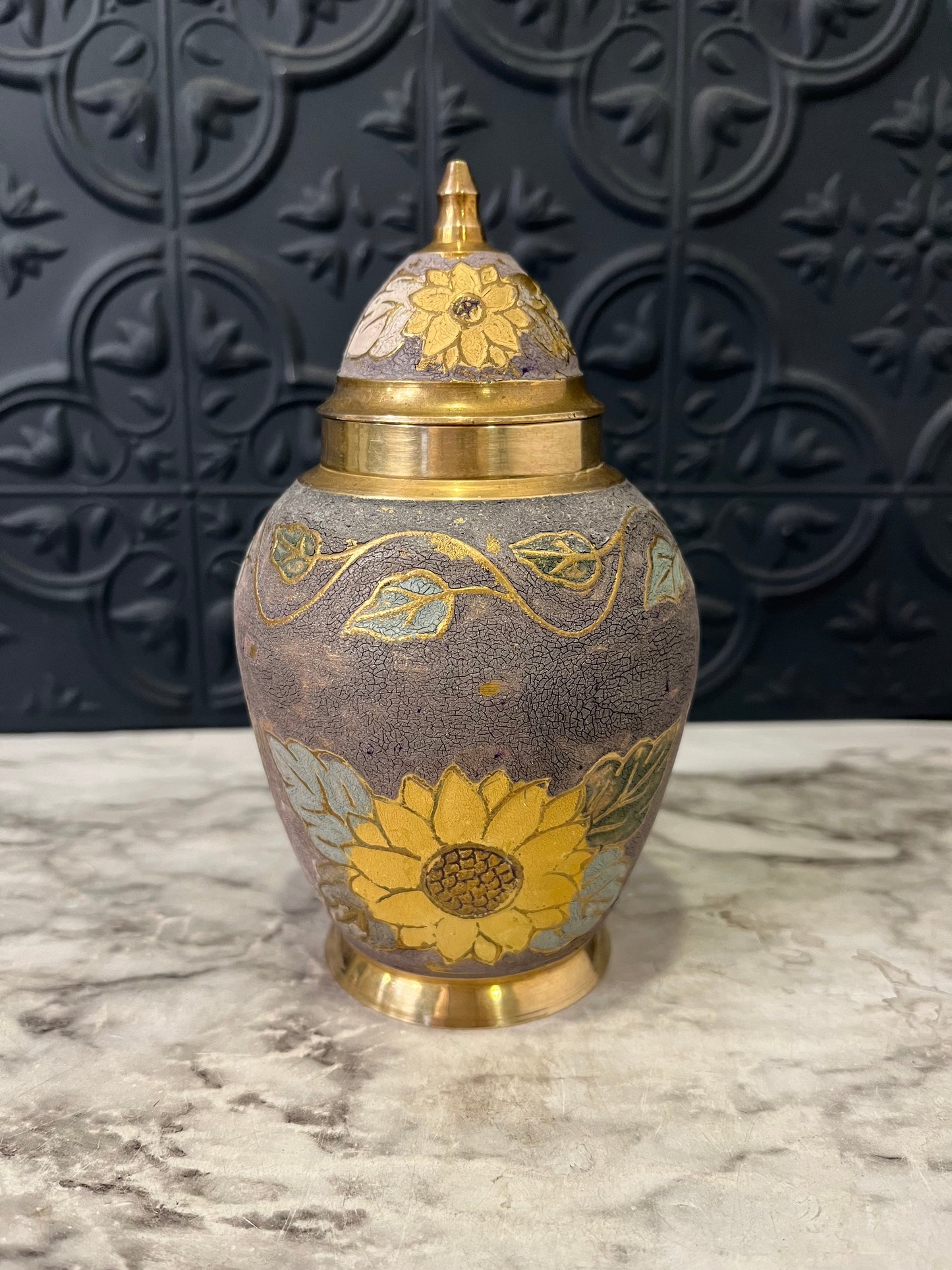 Brass and Enamel Urn with Sunflower