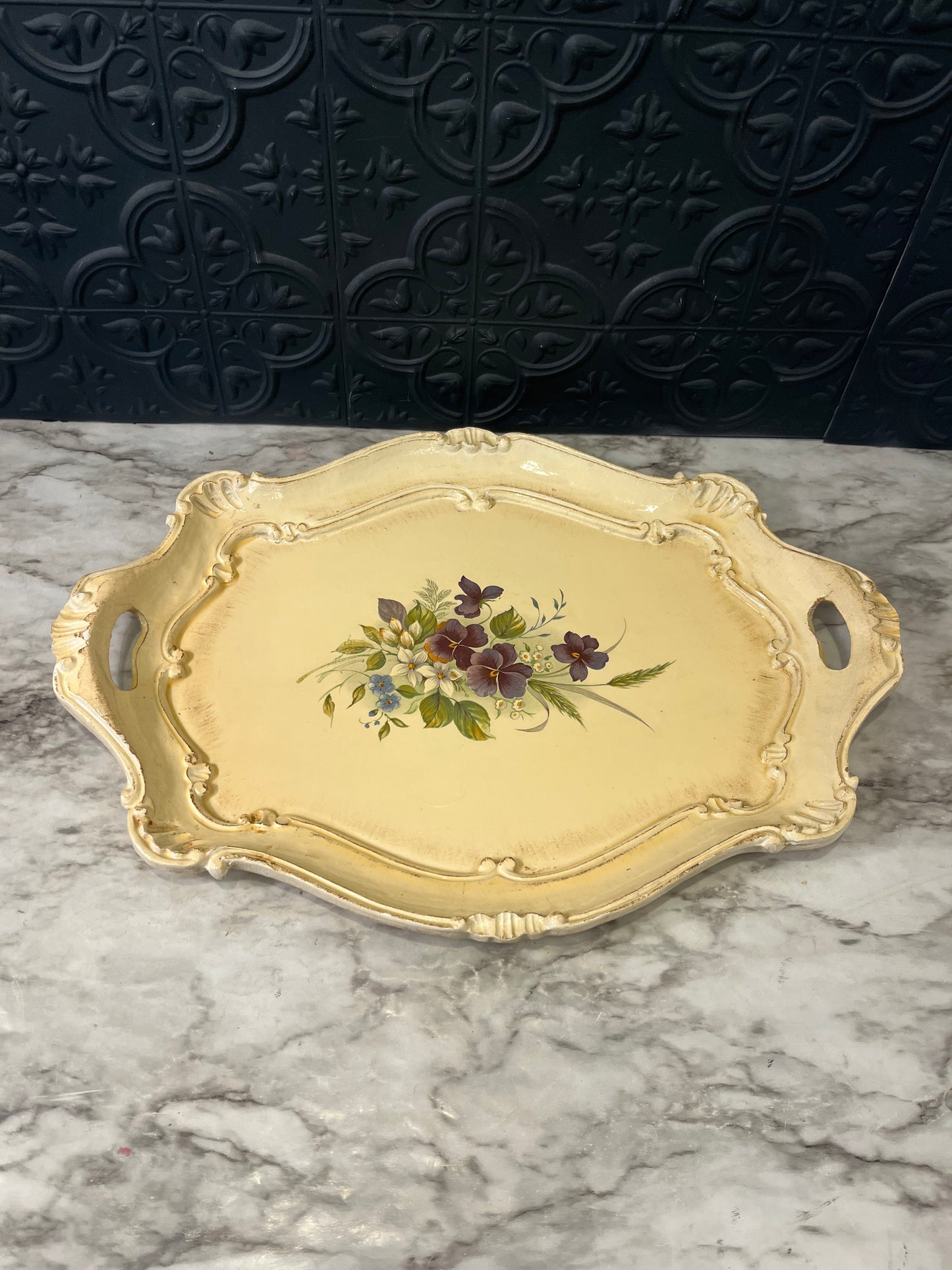 Cream Italian Wood Tray with Purple Flowers