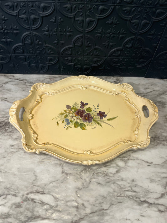 Cream Italian Wood Tray with Purple Flowers