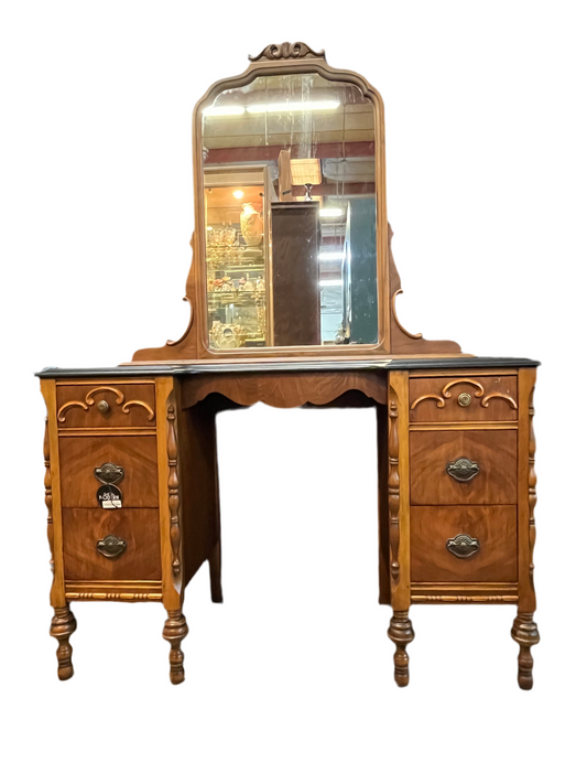 Antique Vanity with Black Top and Mirror
