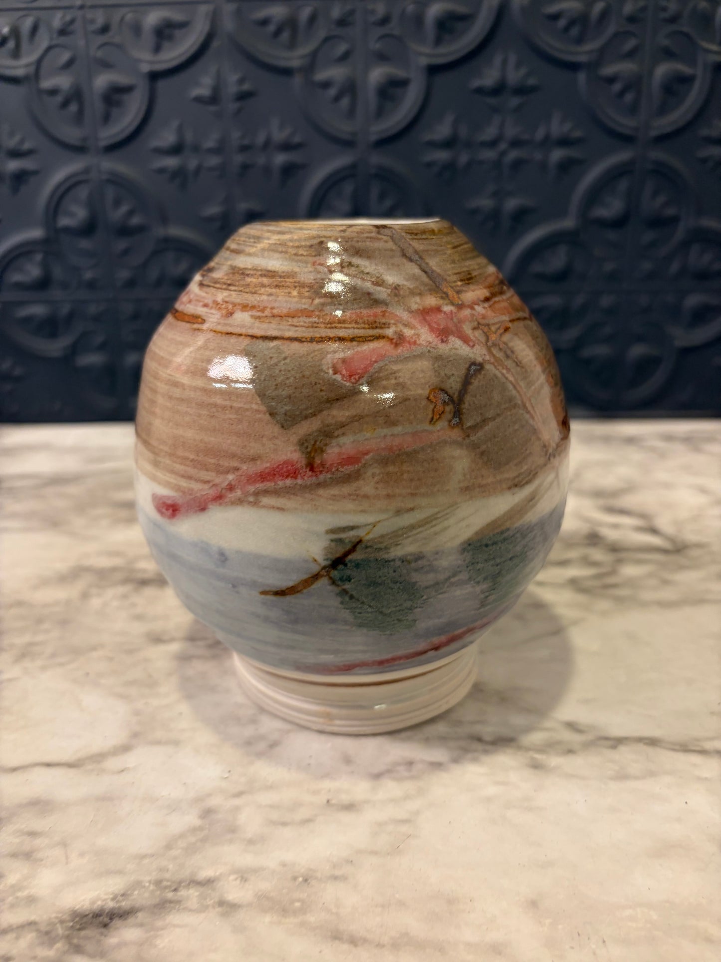 Round Studio Pottery Vase Brown and Blue