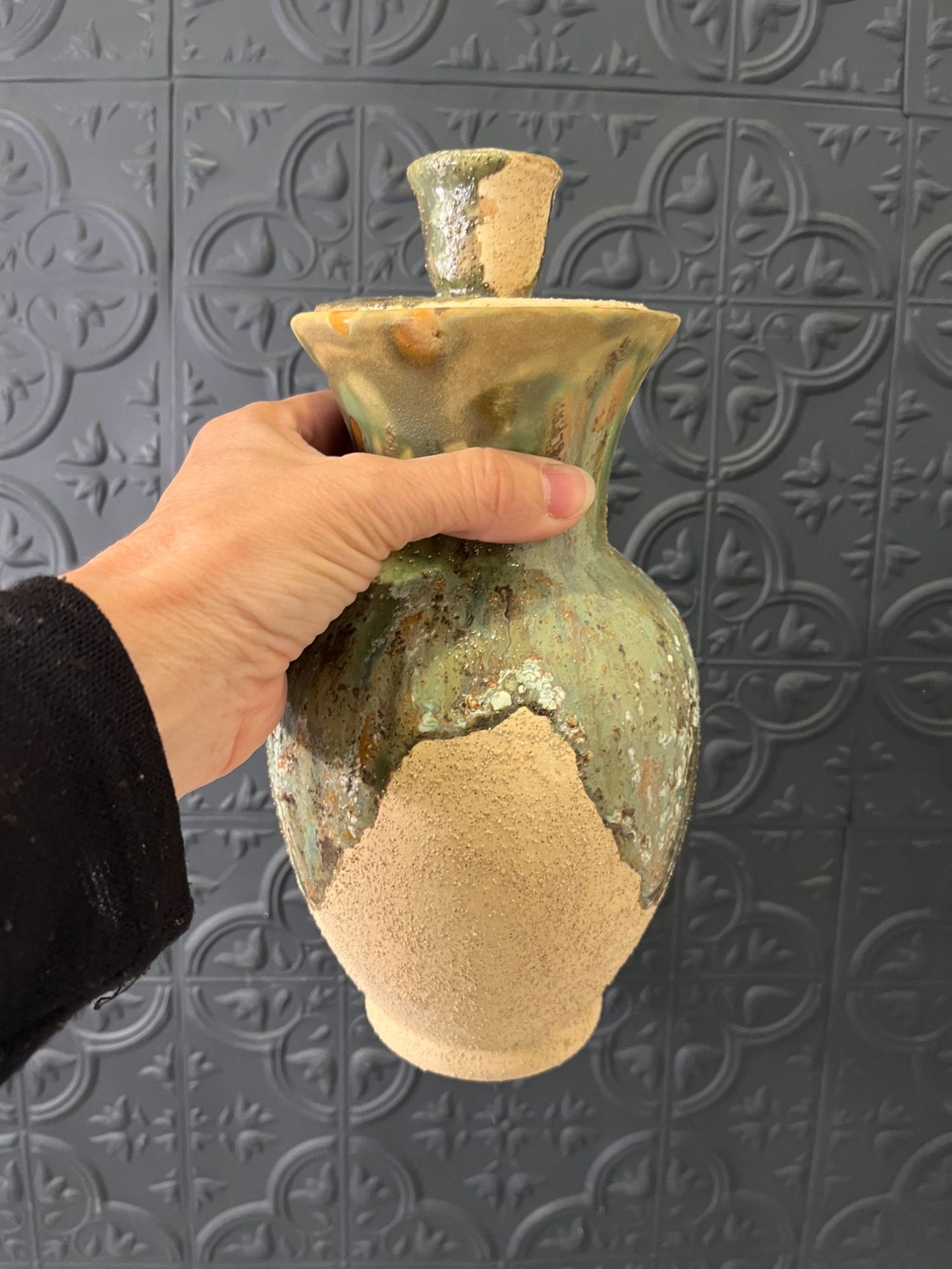 Rough Tan Pottery Jar with Lid  and green drip