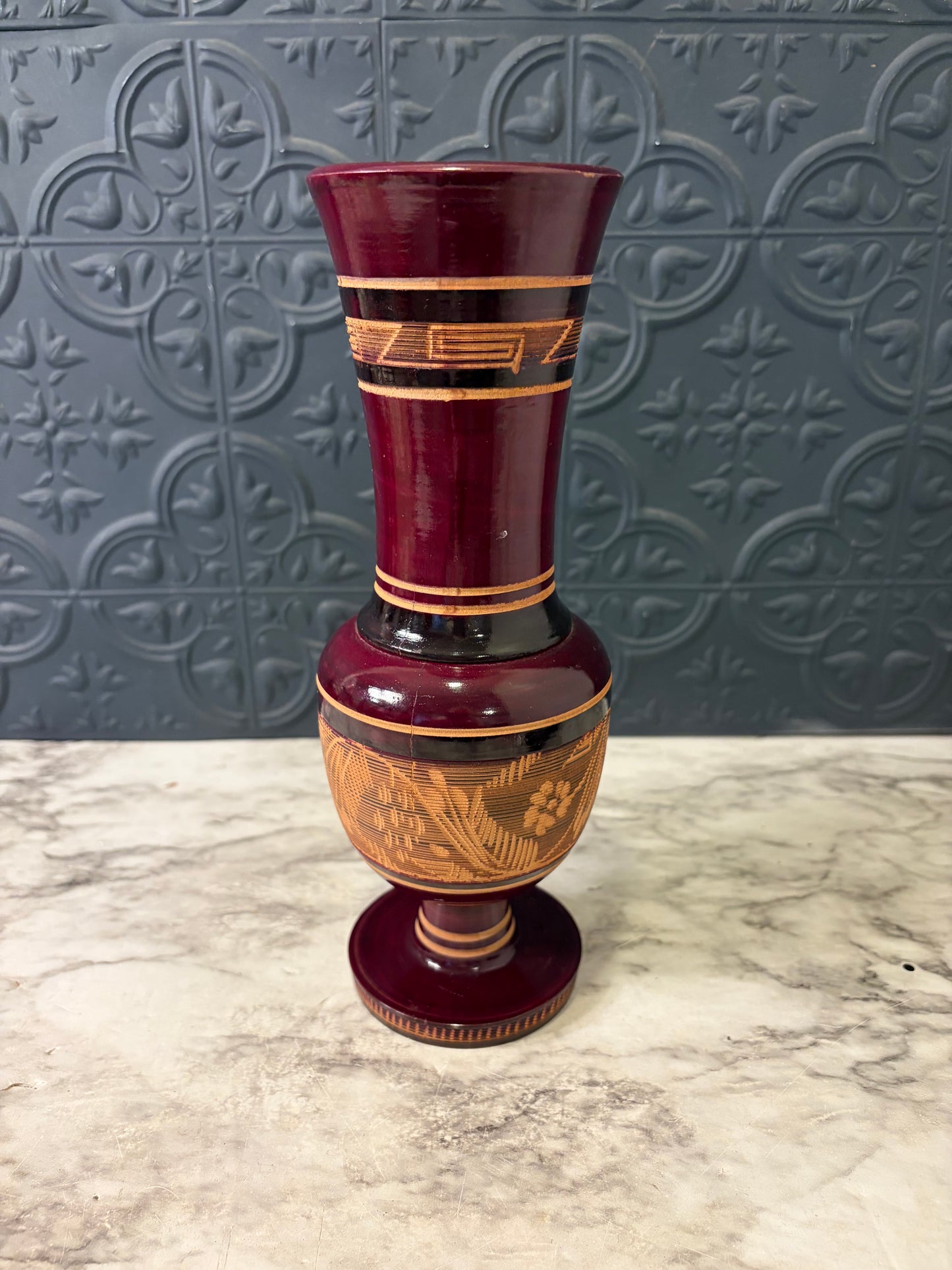 Carved Wooden Vase with Floral Design