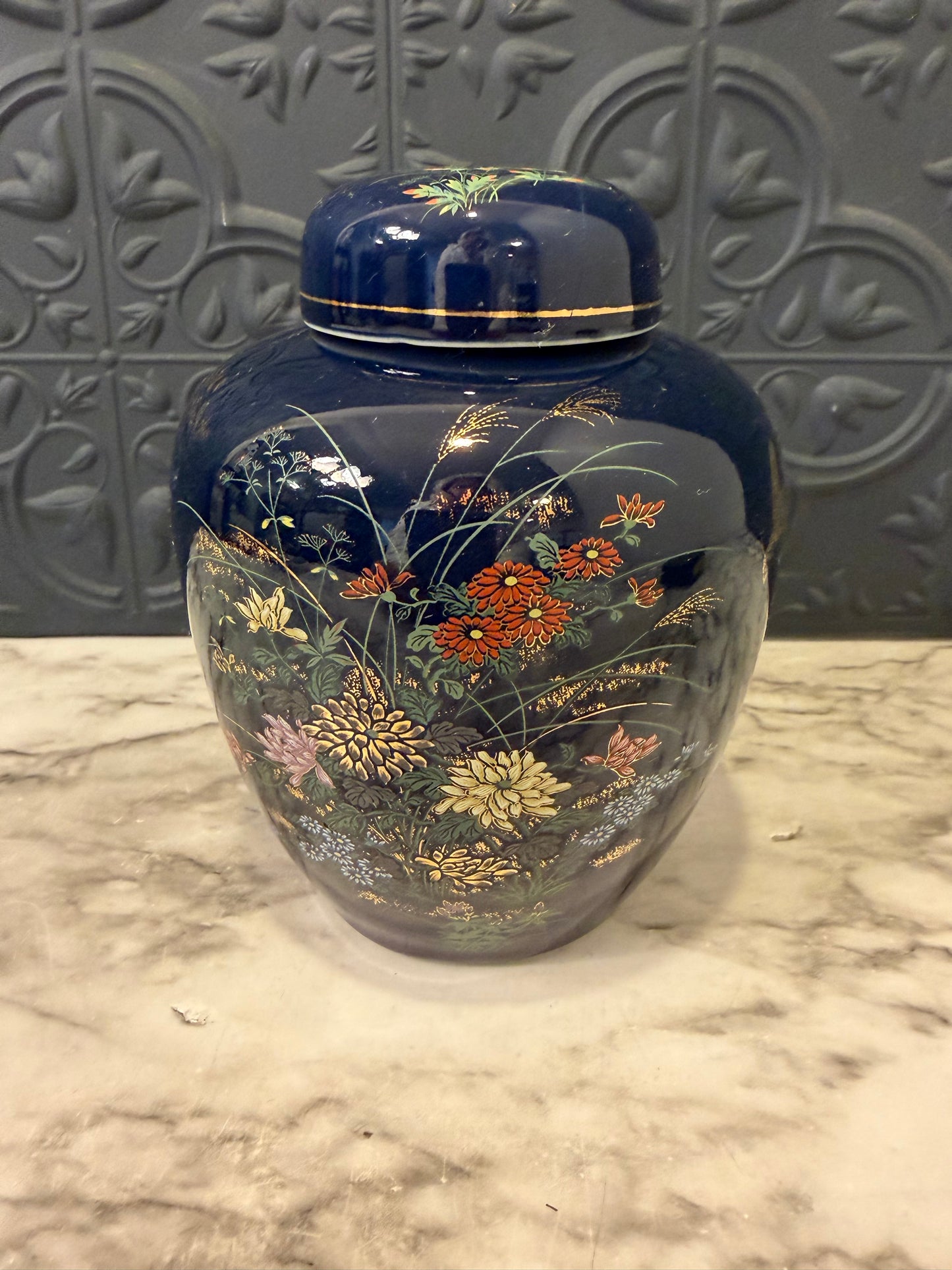 Blue Ginger Jar with Floral Design