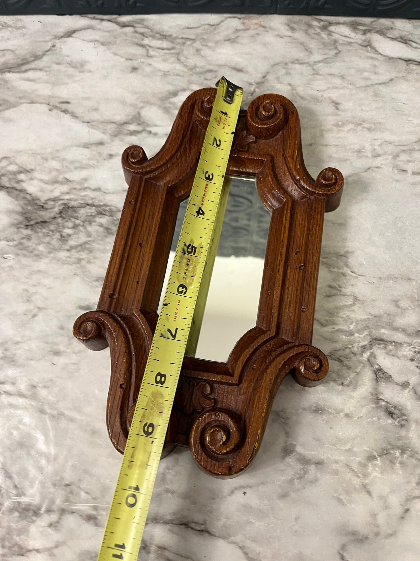 Small Faux Wood Mirror with Scroll Details