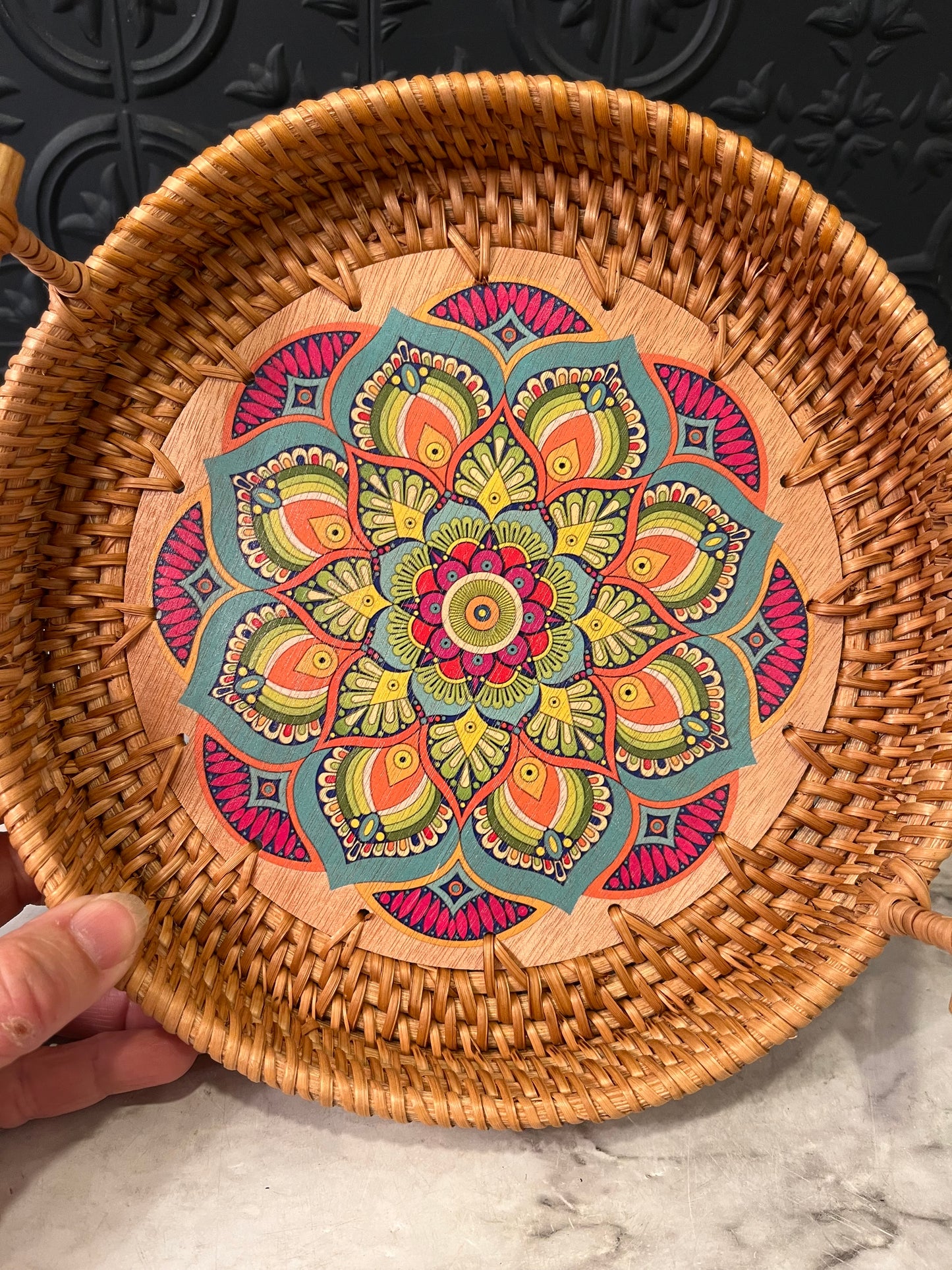 Rattan Tray with Mandala Design
