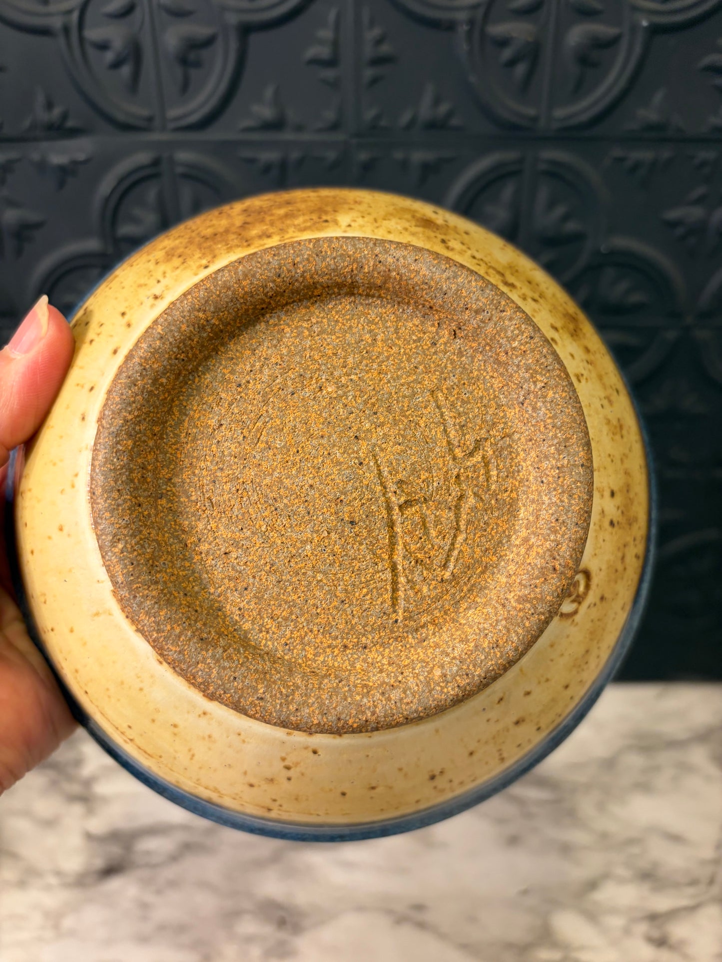 Tan Pottery Bowl with Blue Rim 6.5"