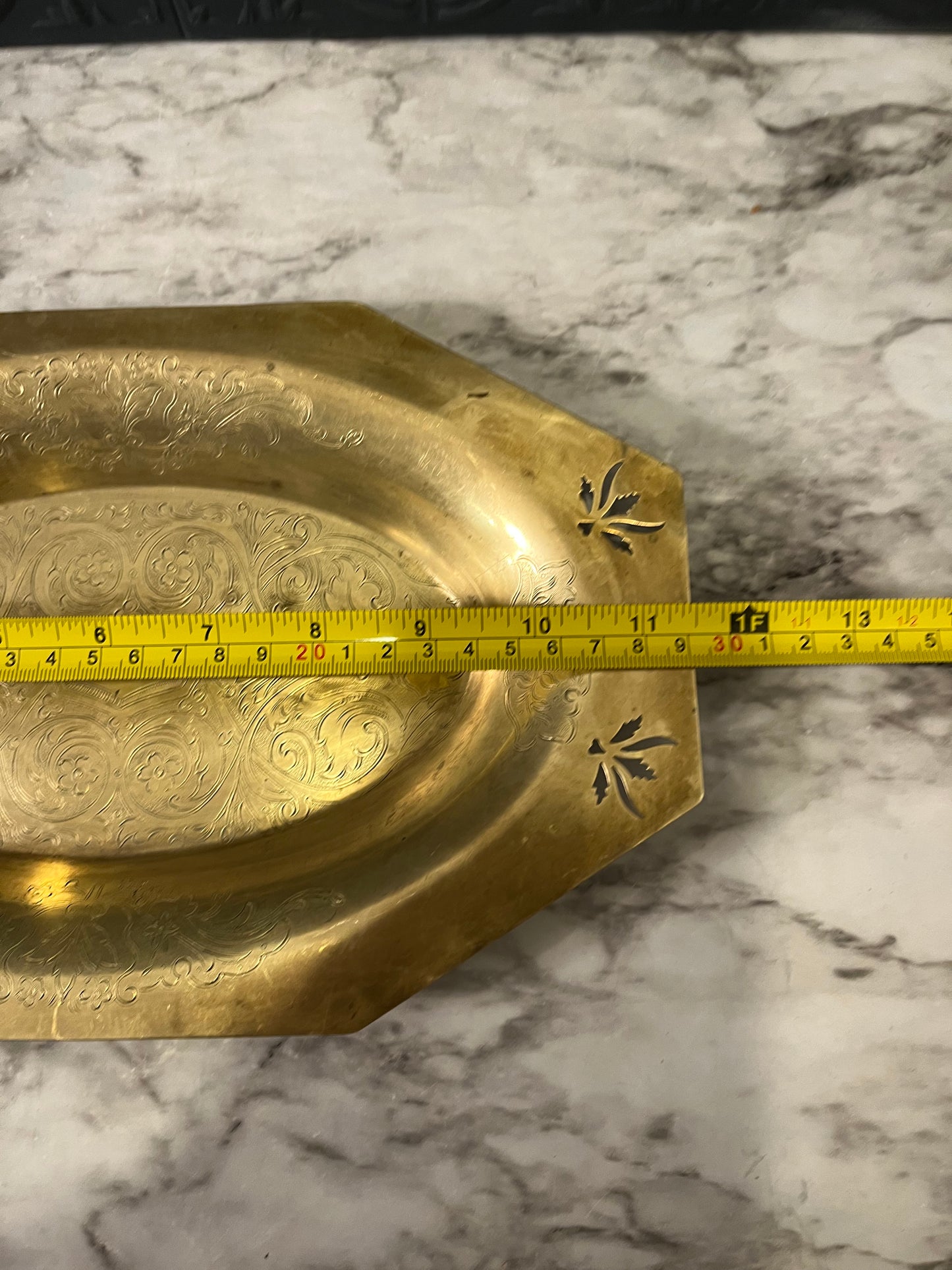 Octagon brass tray with cutout leaves