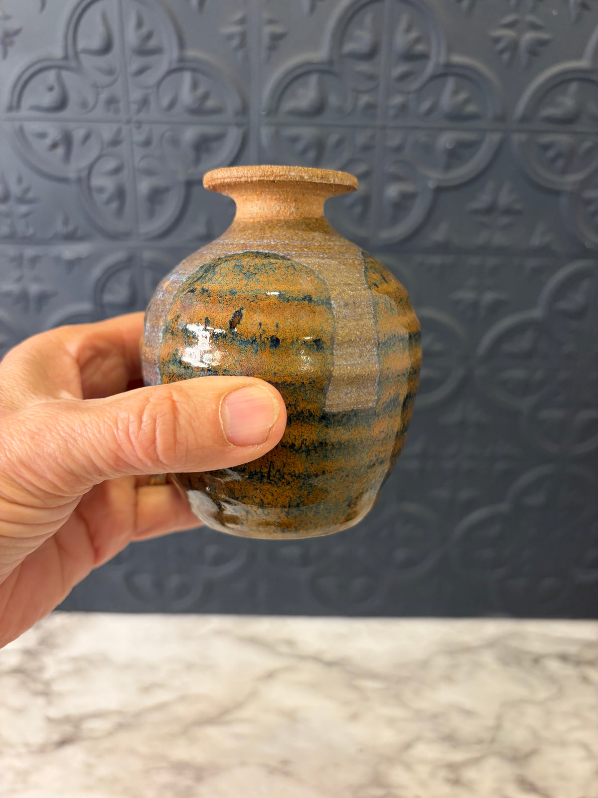 3.75" Studio Pottery Bud Base Brown and Green