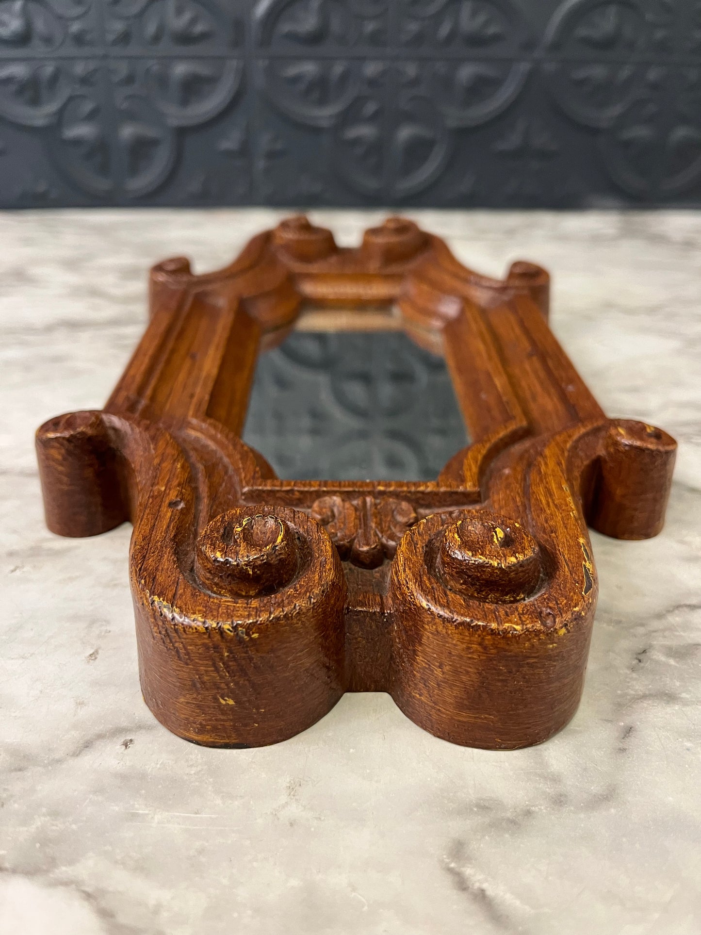 Small Faux Wood Mirror with Scroll Details