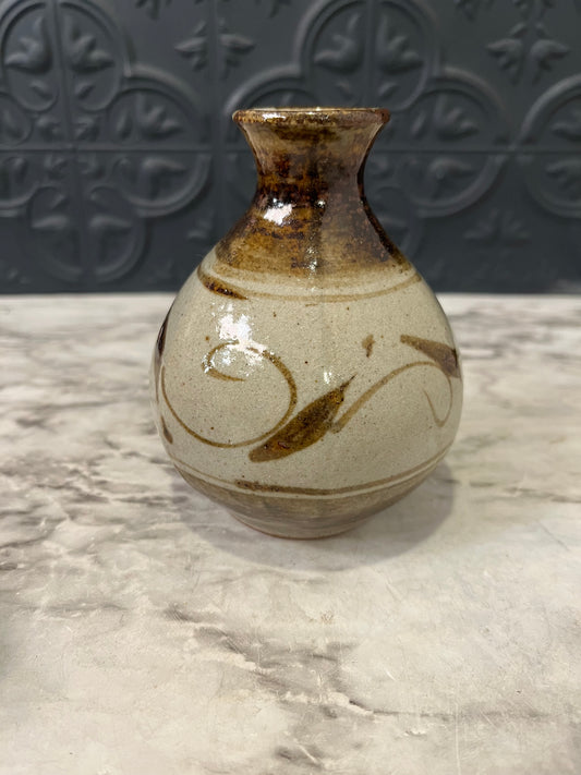 Small Tan Pottery Vase with Brown Leaf design