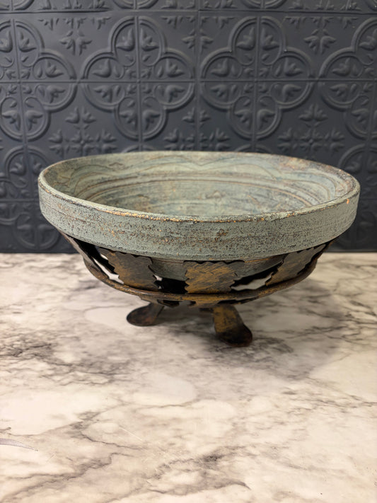 Blue Stone Pottery Bowl in Brutalist Holder