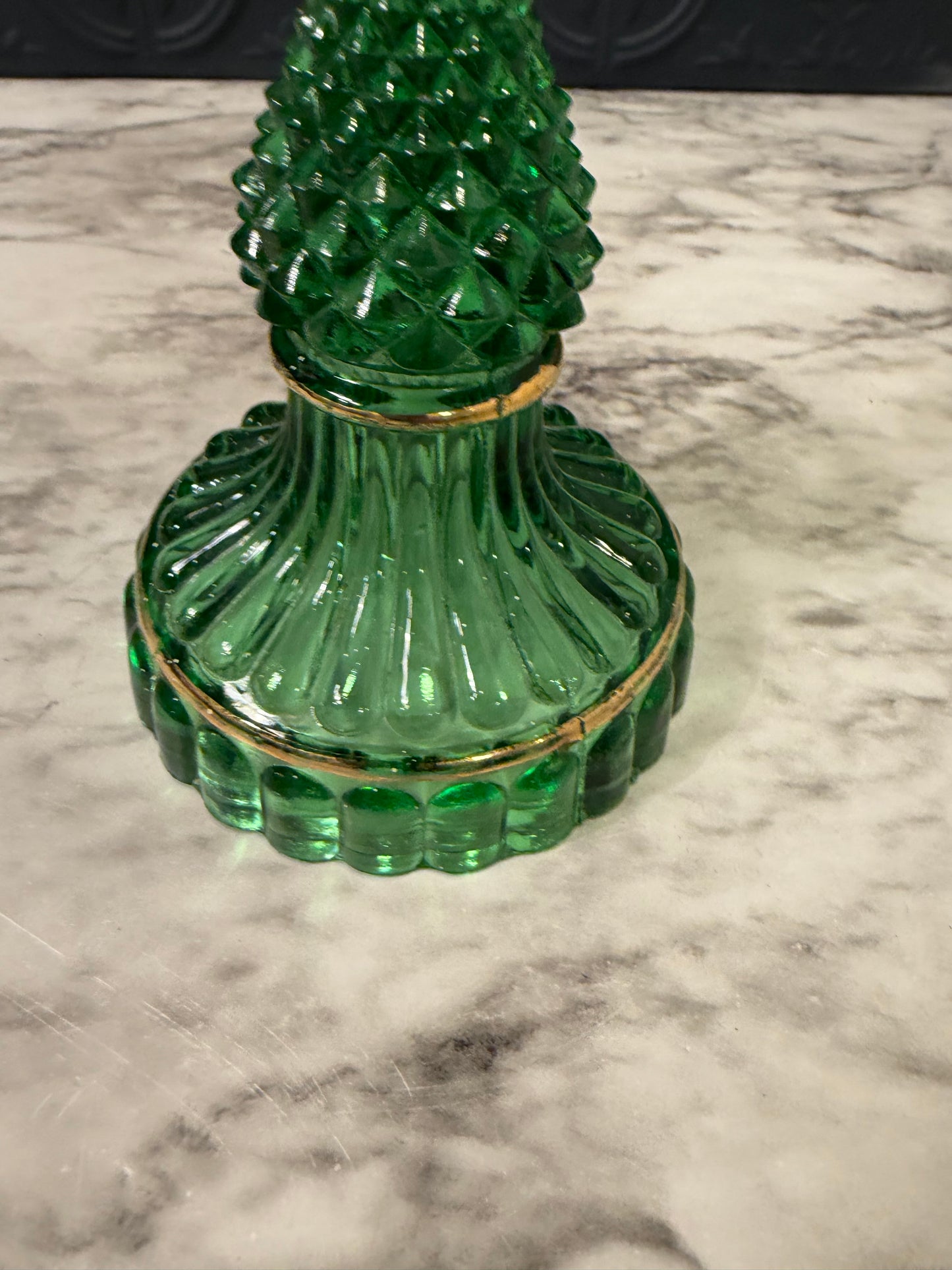 Green Glass Diamond Candle Holder with Gold Trim